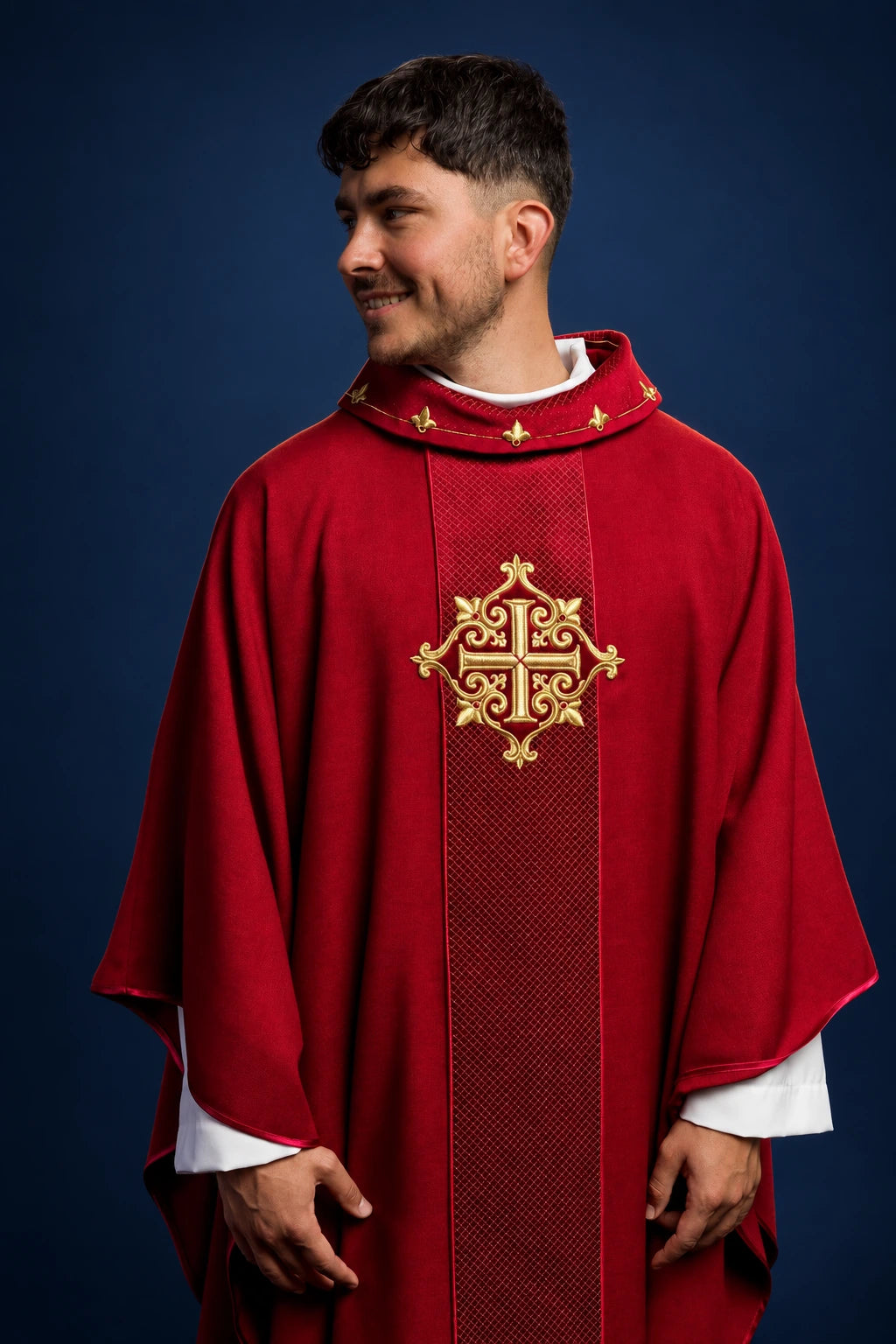 Catholic Chasuble in Velvet with Embroidered Red Cross Symbol, front view in red velvet
