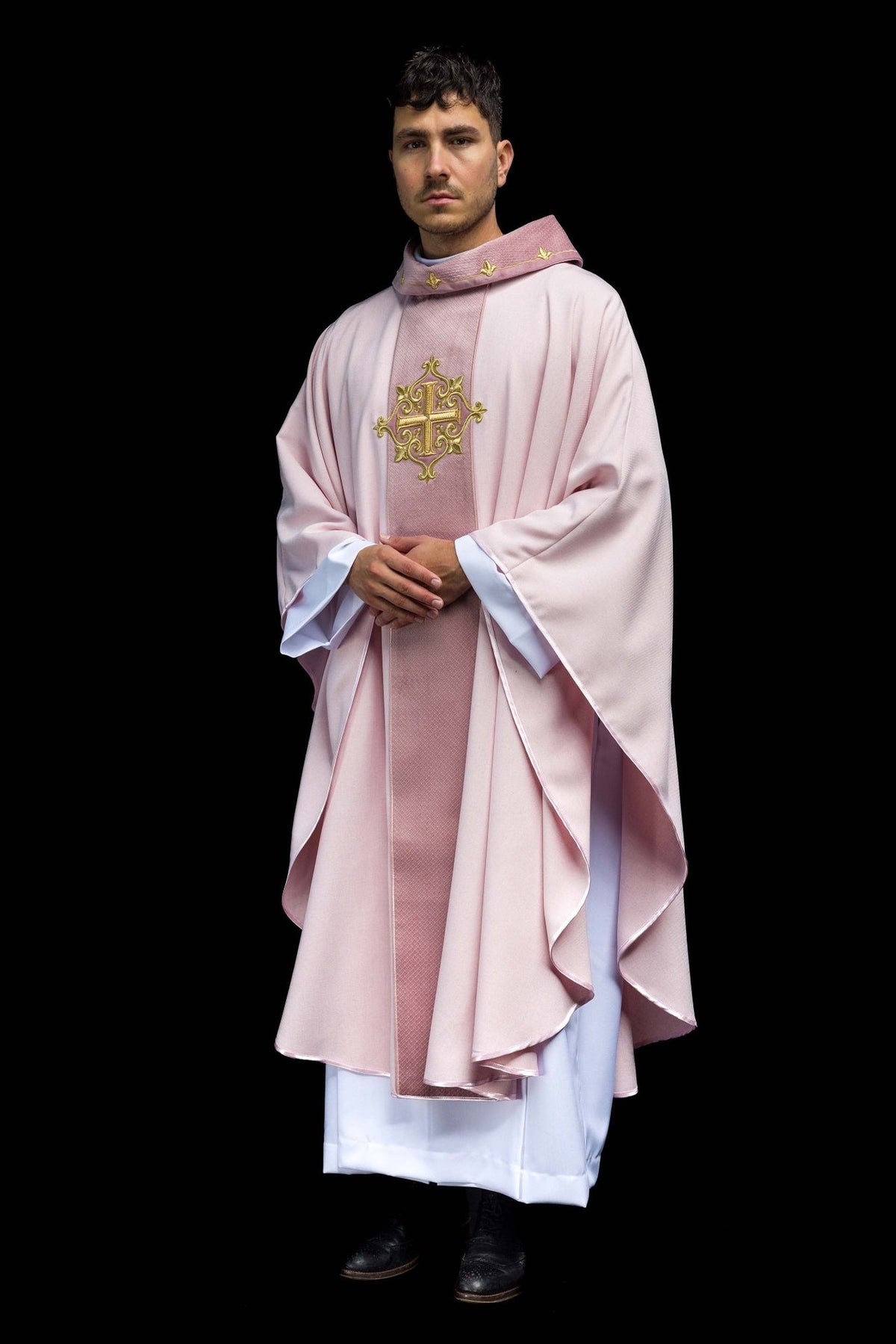 Velvet chasuble in pink, full front view with rose cross embroidery