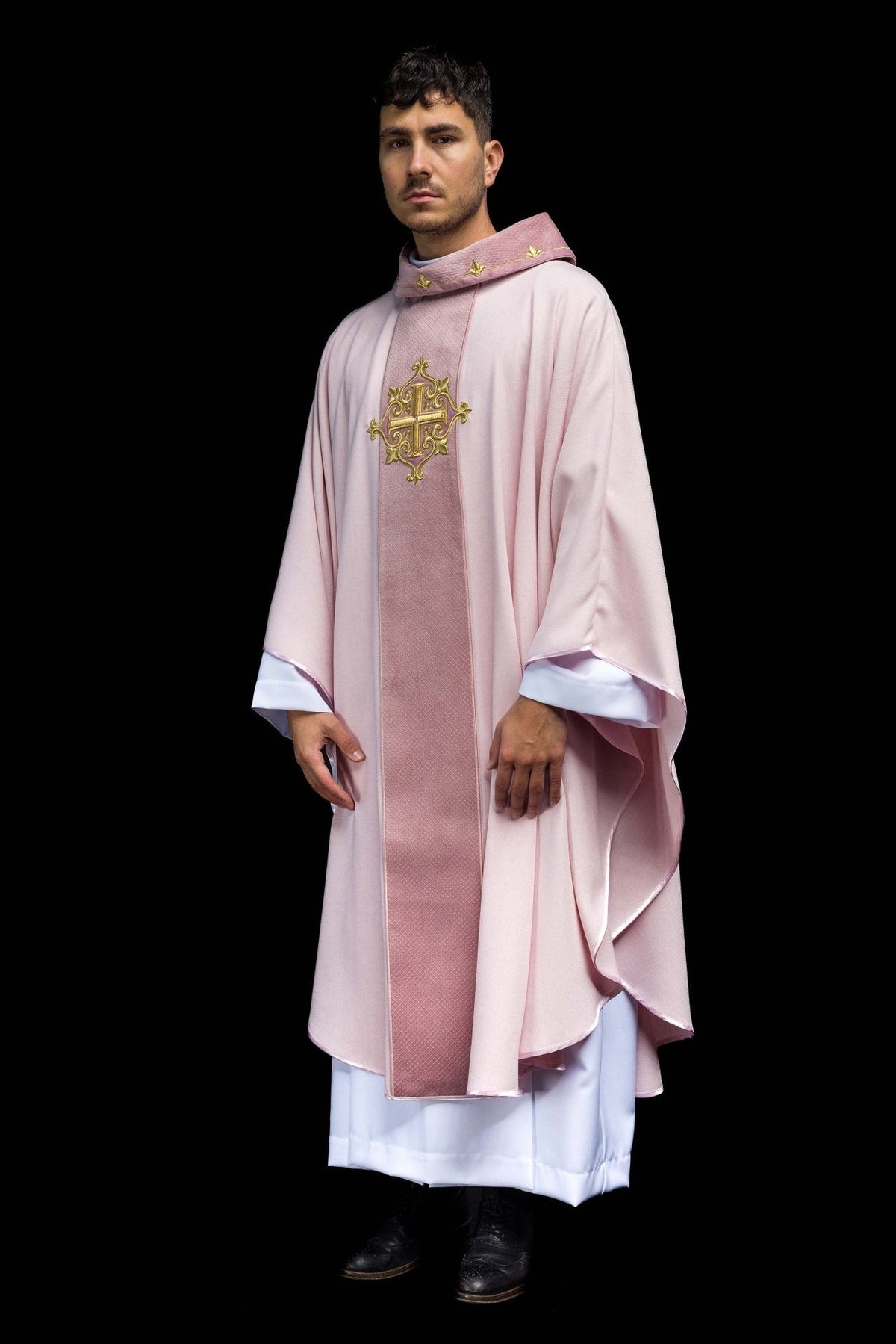 Pink chasuble front three-quarter view with rose cross embroidery