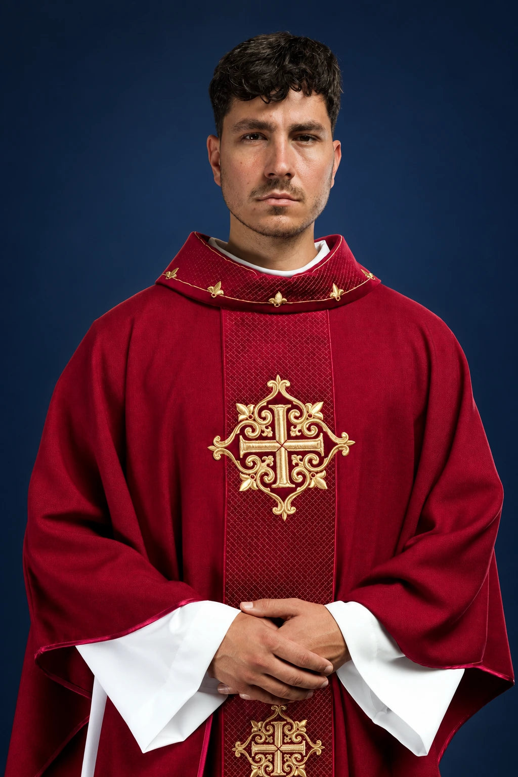 Chasuble with a Red Velvet Orphrey and Cross Embroidery, front view with gold cross embroidery