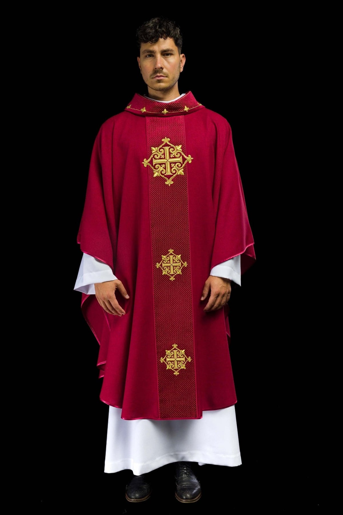 Red velvet chasuble, full front view with gold cross embroidery
