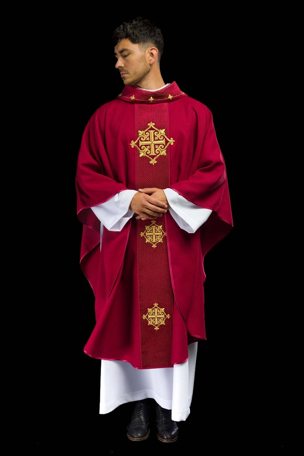 Red velvet chasuble, side front view with embroidered cross and stand-up collar