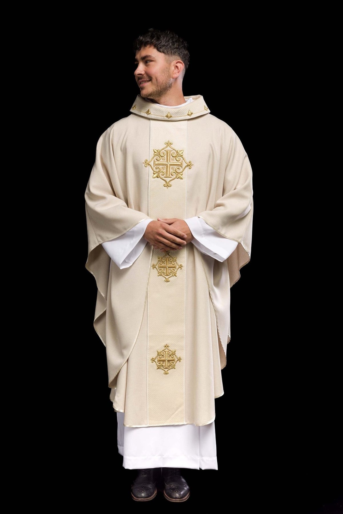 Chasuble worn front view with ecru orphrey and gold cross embroidery