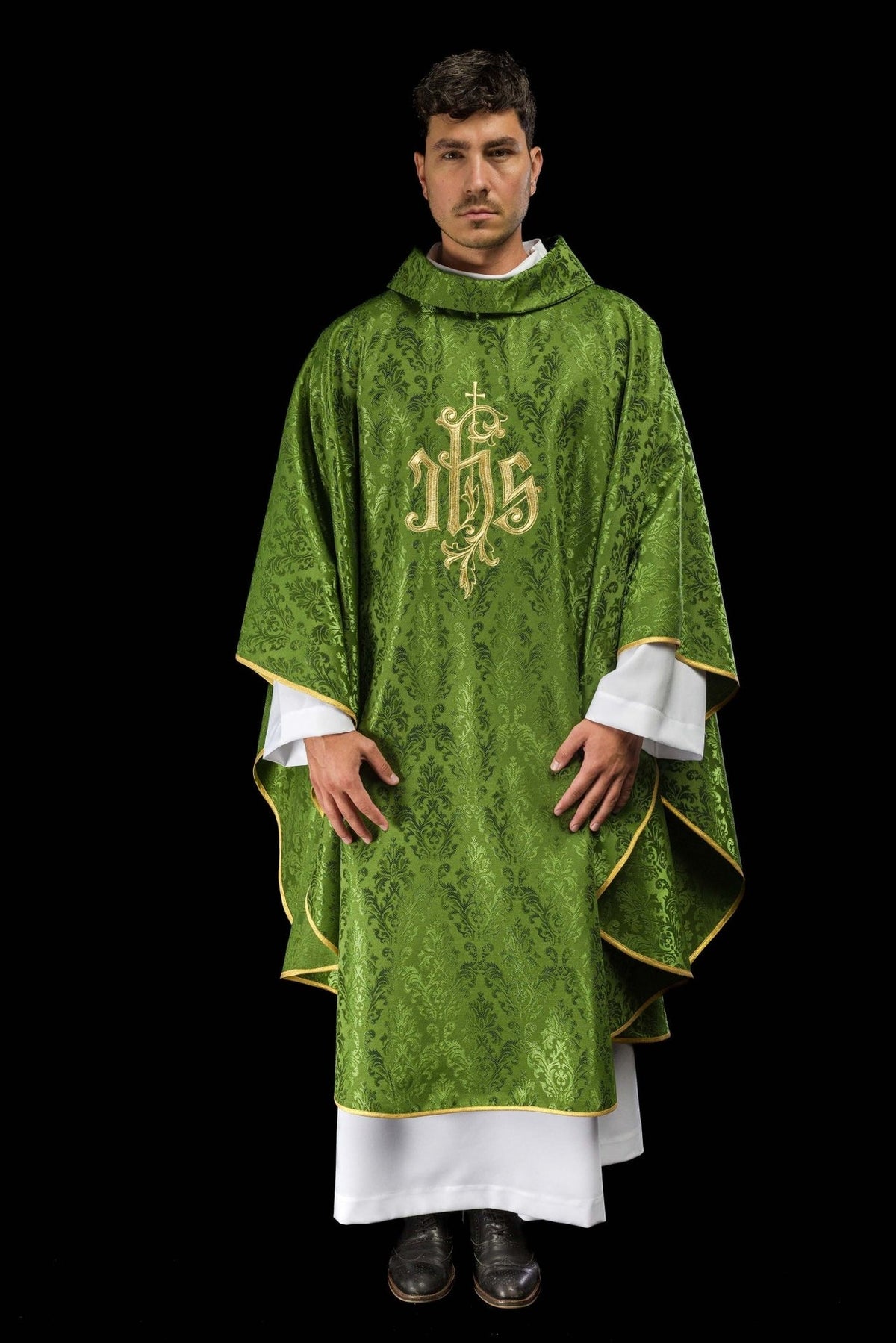 Green chasuble front view with embroidered gold IHS motif and gold trim