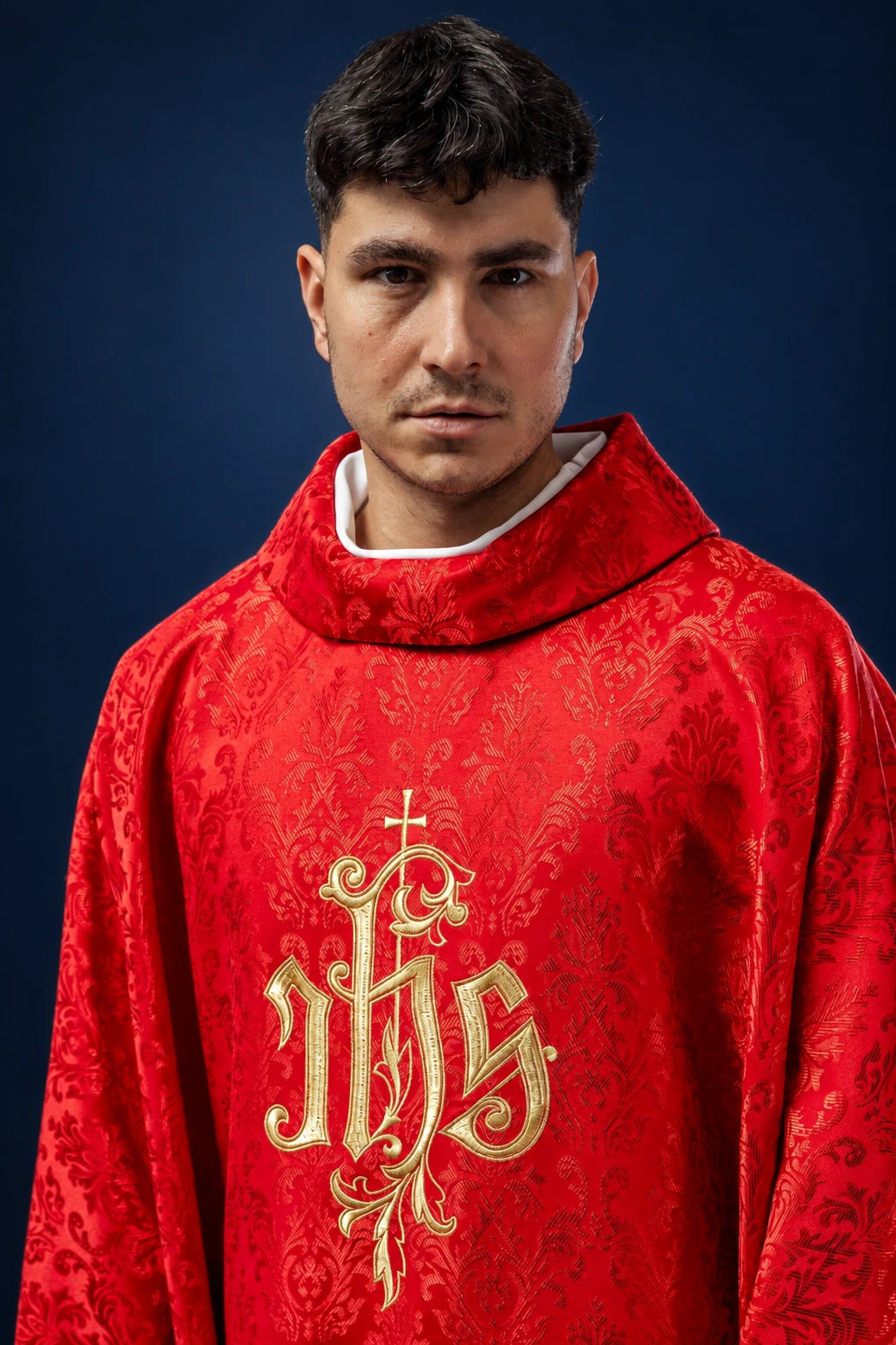 Red Chasuble with Embroidered IHS Motif on Decorative Fabric, front close-up