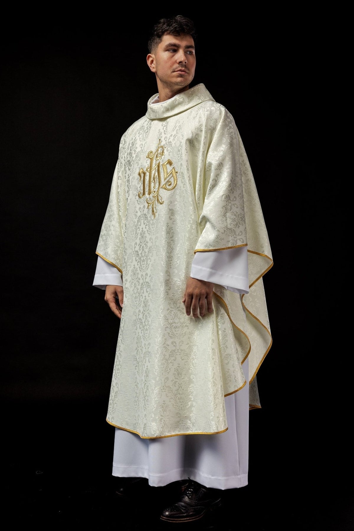 Ecru chasuble, full front view with gold IHS embroidery and gold trim