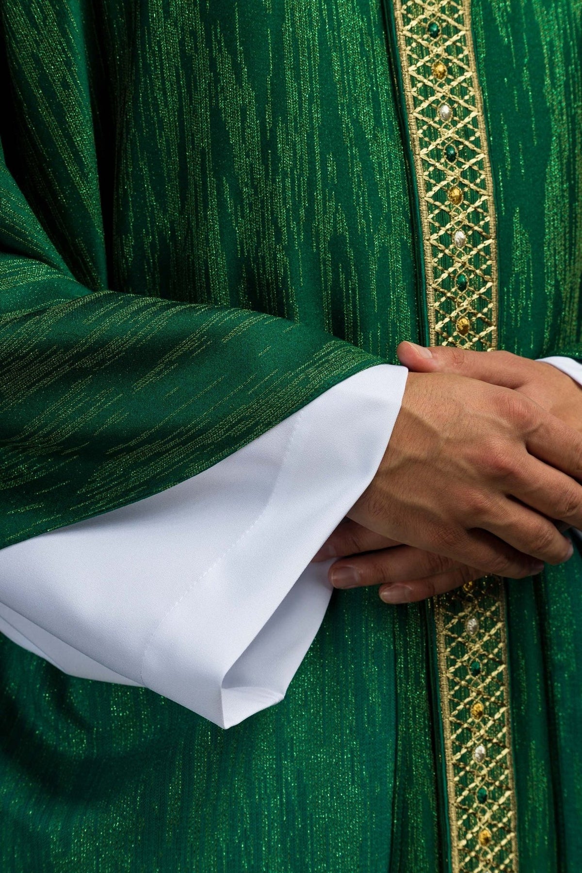 Green chasuble front orphrey detail with embroidered diamond pattern