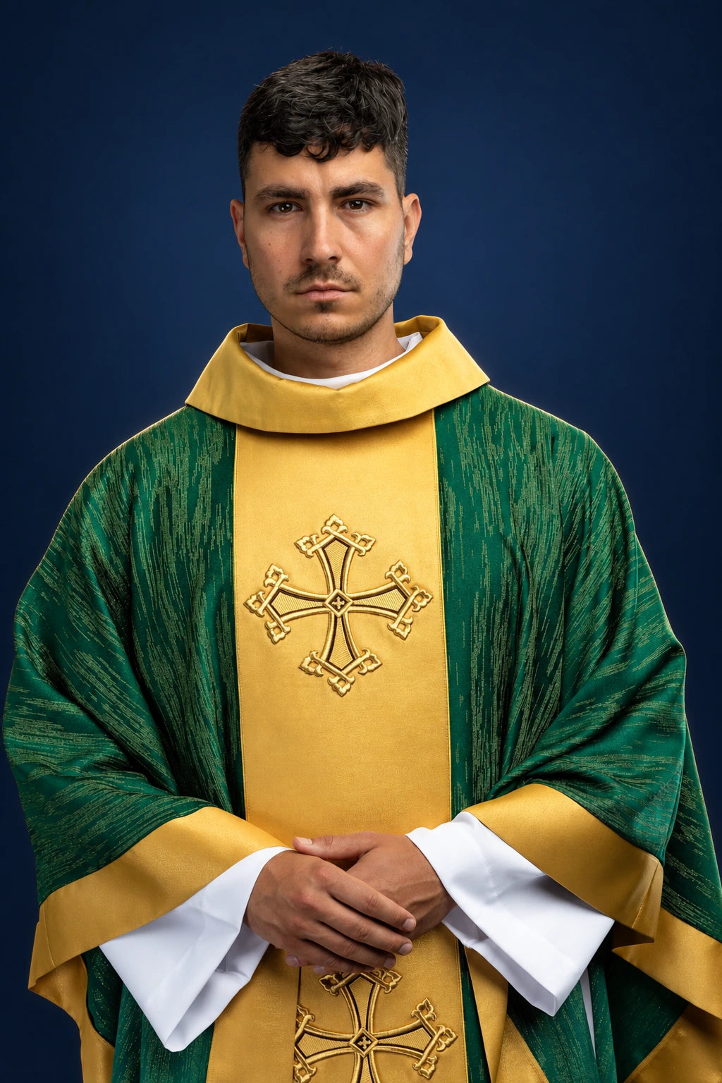 Green Chasuble with Embroidered Cross Motif and Gold Orphrey, front view worn