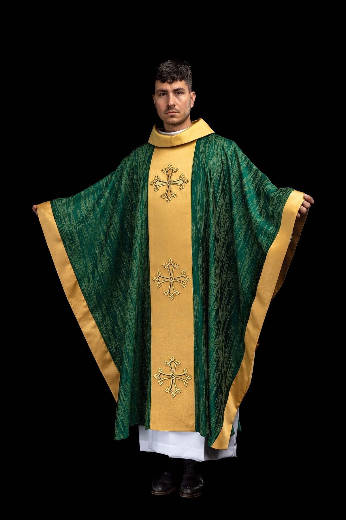 Green chasuble front view with gold orphrey and three embroidered crosses