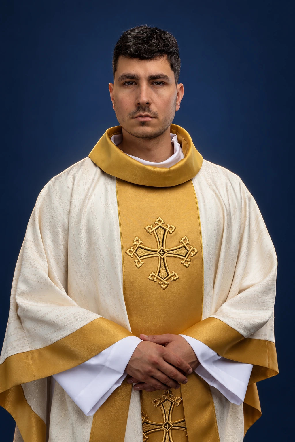 Ecru Chasuble with Embroidered Cross Motif and Orphrey, front view with gold orphrey and stand-up collar