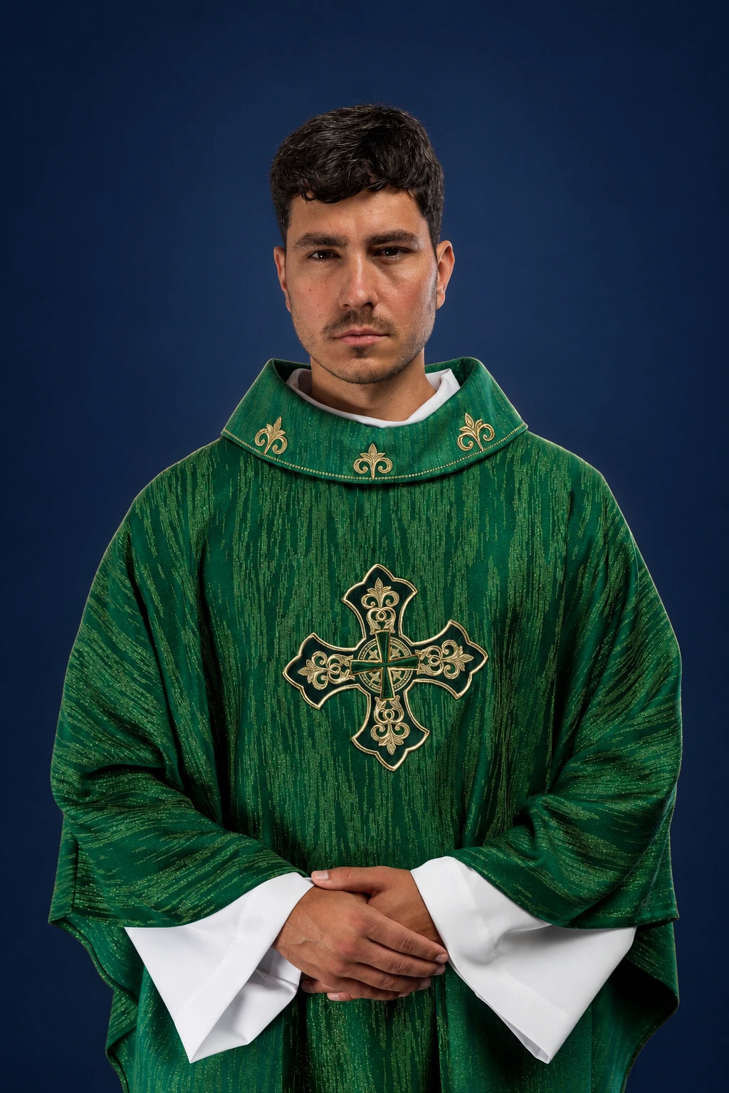 Green Chasuble with Embroidered Cross Motif on Decorative Fabric, front view with stand-up collar