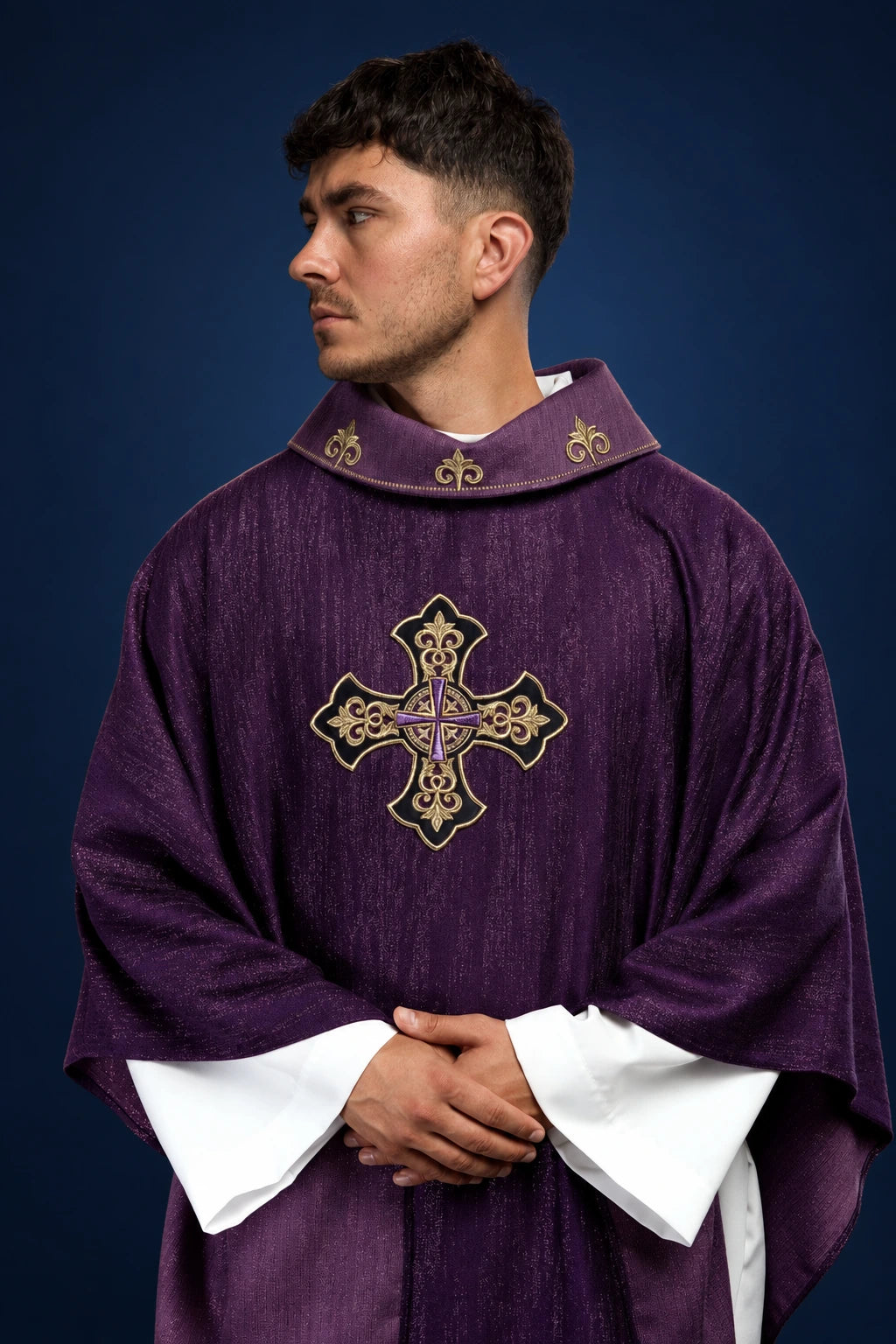 Purple Chasuble with Embroidered Cross Motif on Decorative Fabric, front view