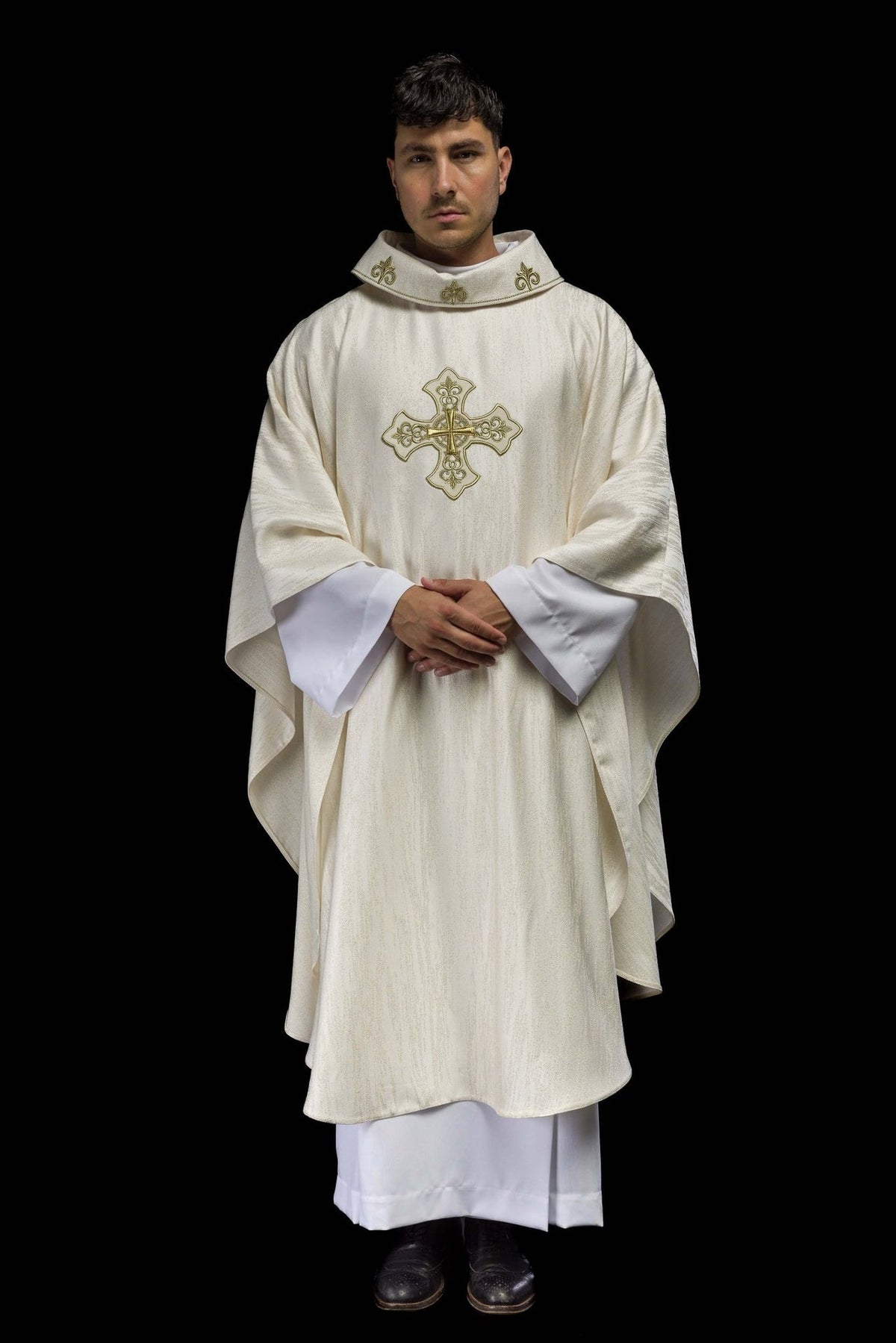 Ecru chasuble, full front view with embroidered gold cross