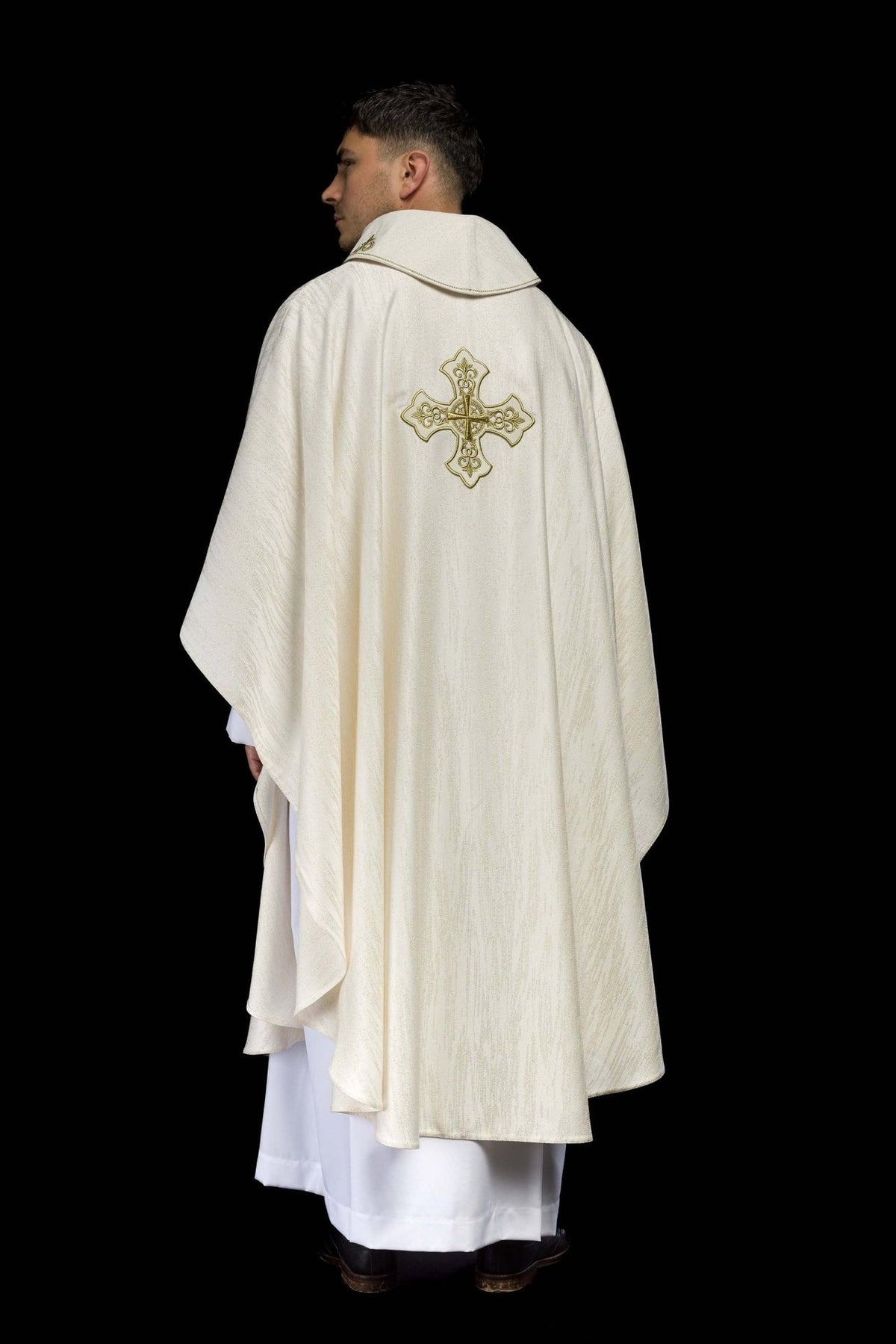 Ecru chasuble back view with large embroidered gold cross