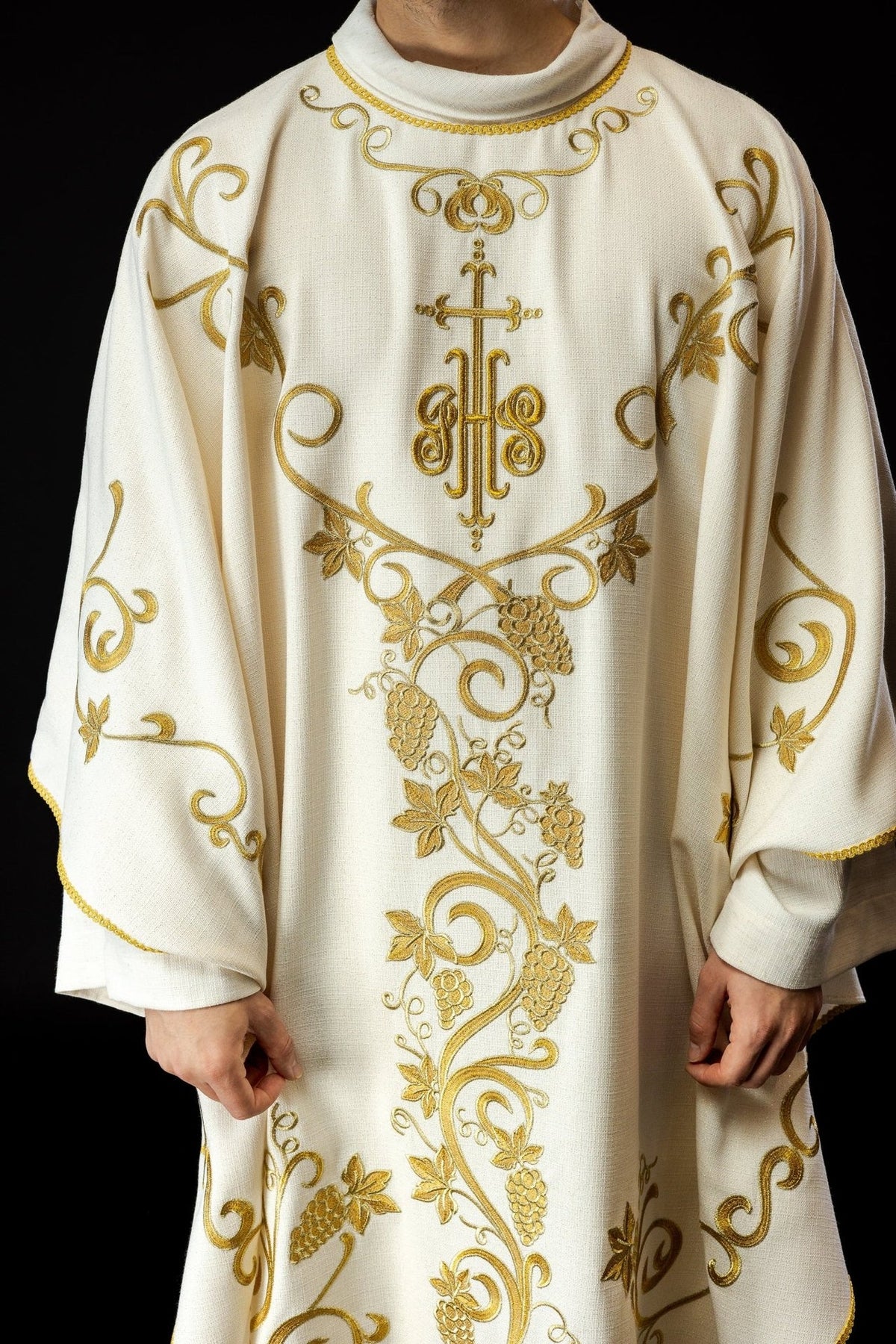 Ecru chasuble front detail with IHS, grapes and gold trim