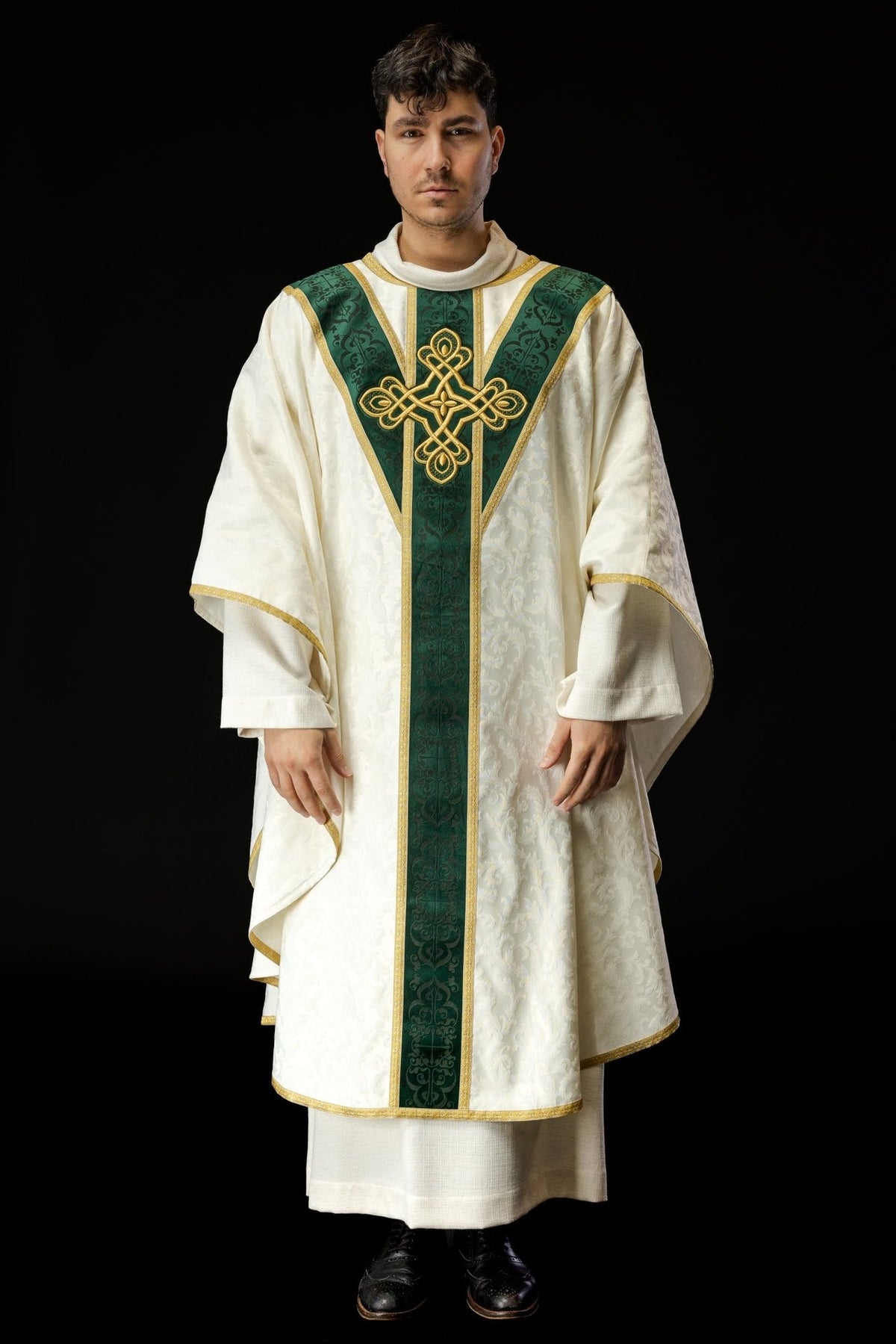 White and green chasuble, full front view with embroidered gold cross
