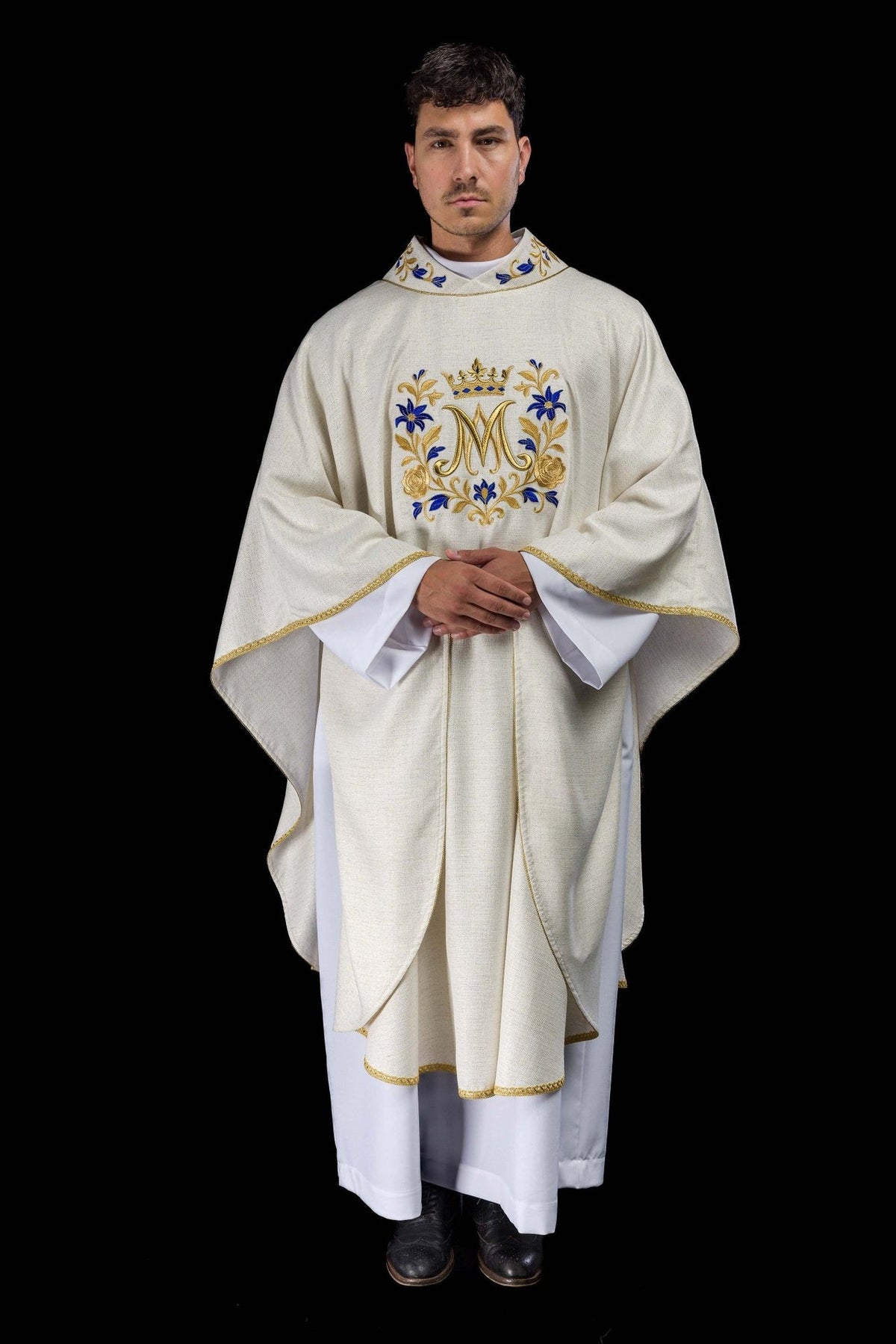 Ecru Marian chasuble front view with gold trim and embroidered Marian motif