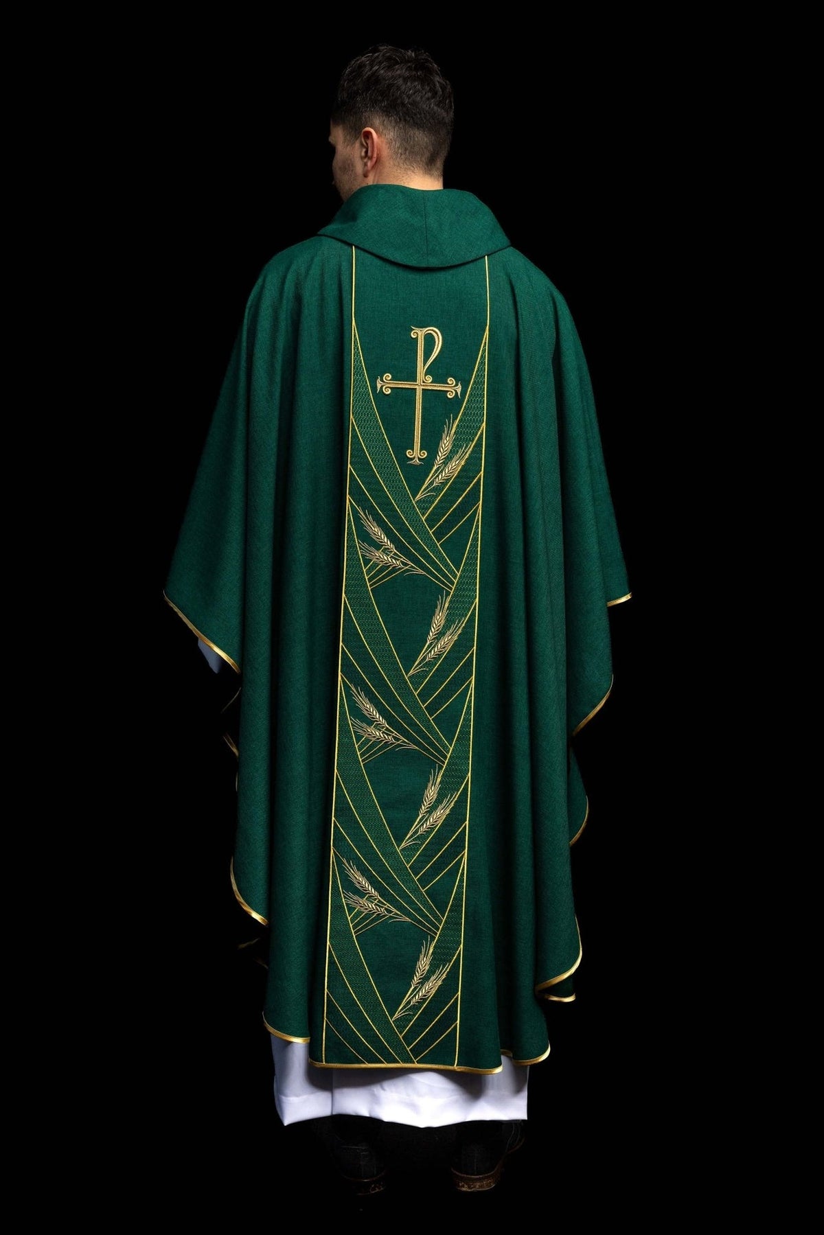 Green chasuble full back view with gold-trimmed orphrey and wheat embroidery