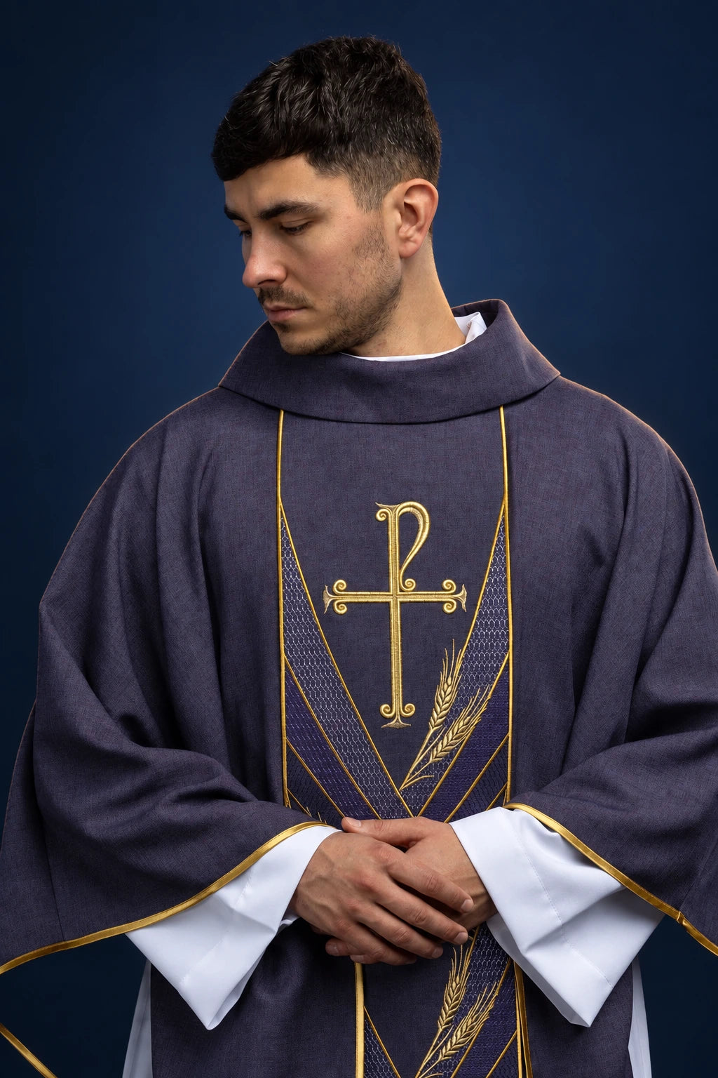 Purple Chasuble with Embroidered PAX Orphrey, front view with gold cross and wheat embroidery