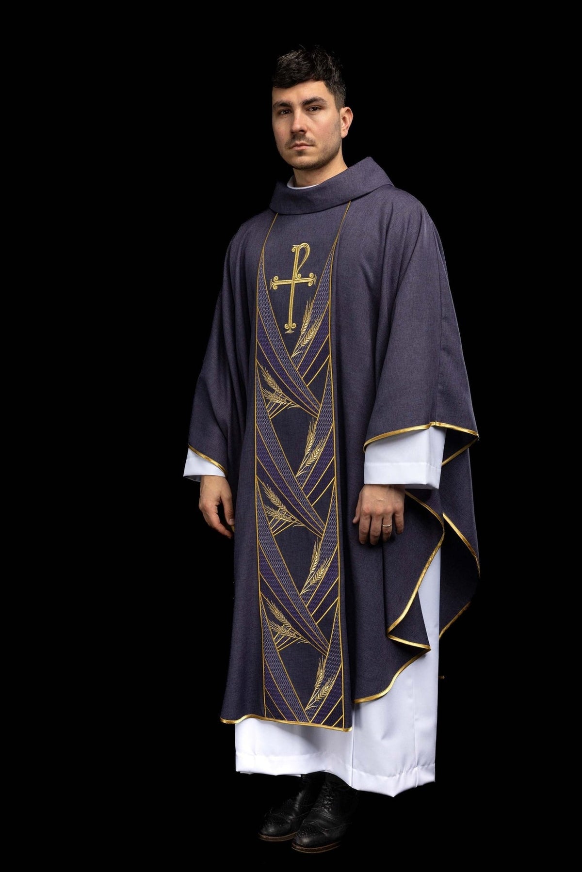 Purple chasuble, full front view with gold-trimmed orphrey and wheat embroidery