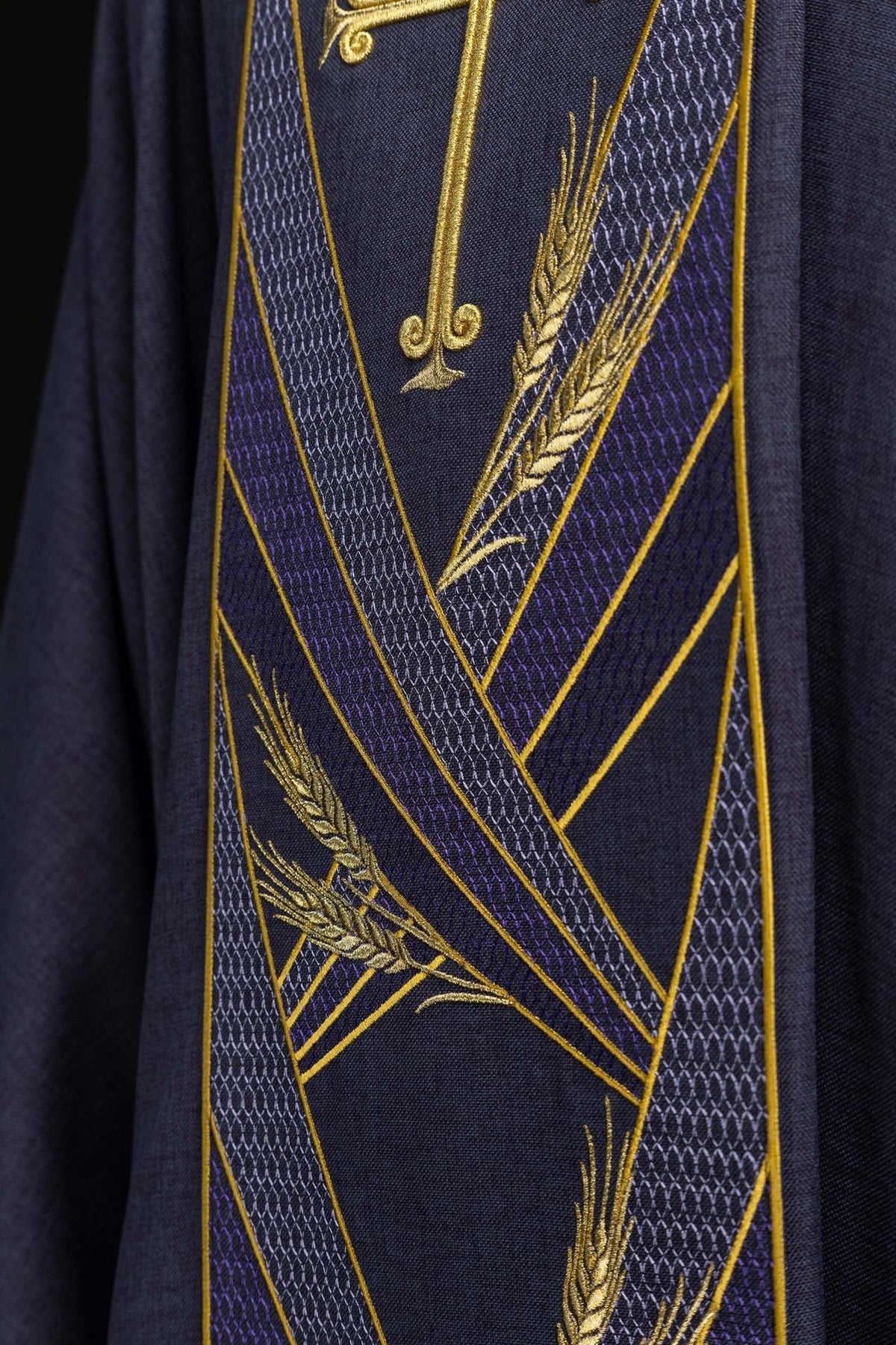 Purple chasuble close-up of lower orphrey with gold wheat embroidery
