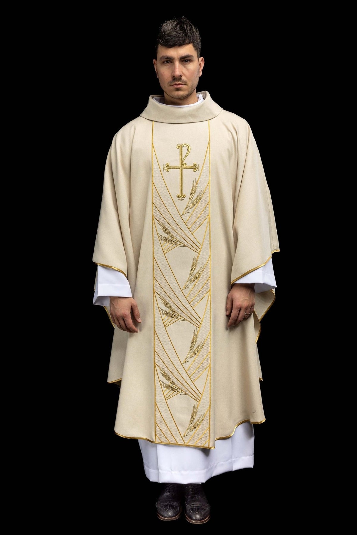 Ecru chasuble, full front view with gold-trimmed orphrey and wheat embroidery