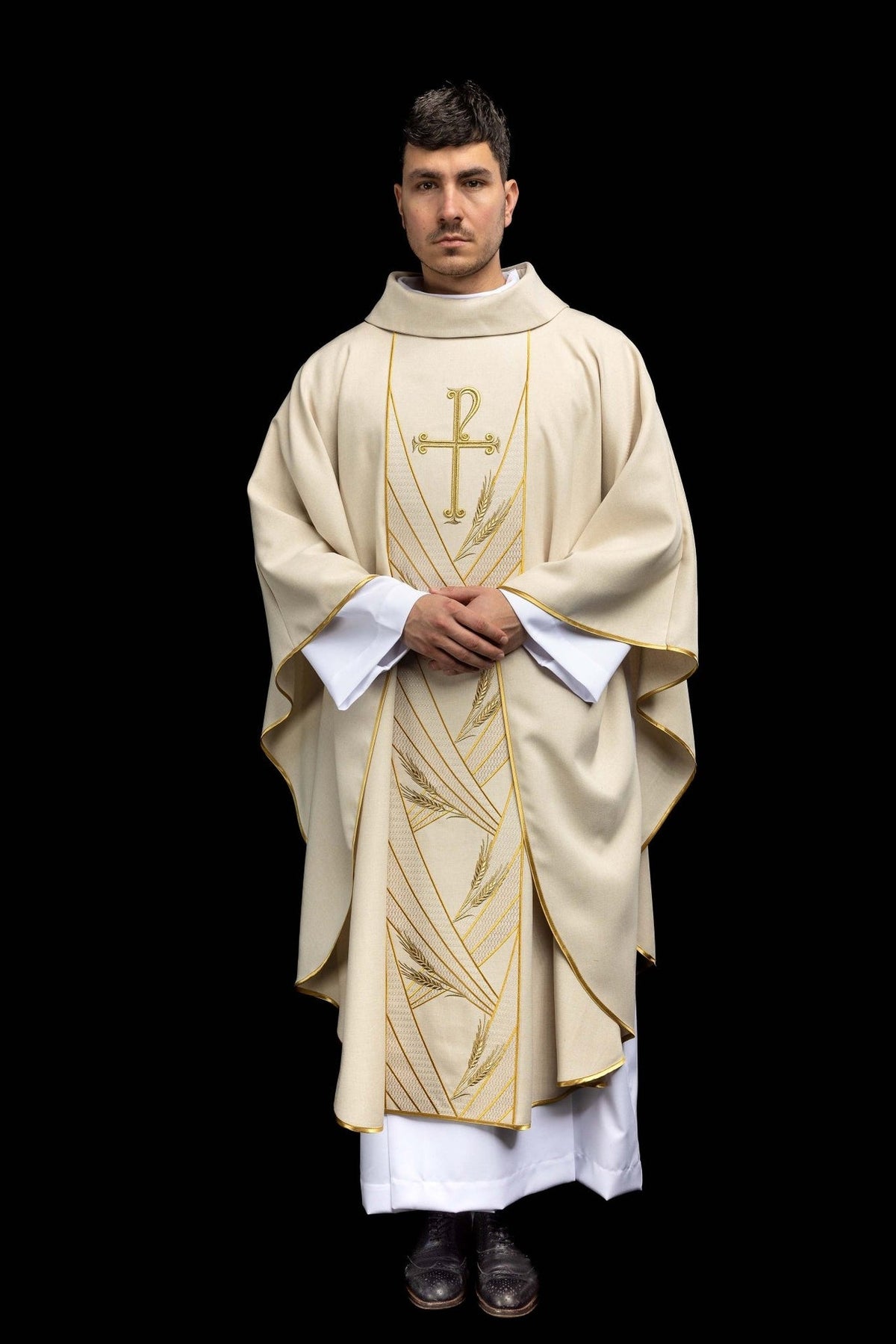 Ecru chasuble, front view showing stand-up collar, gold trim and wheat embroidery