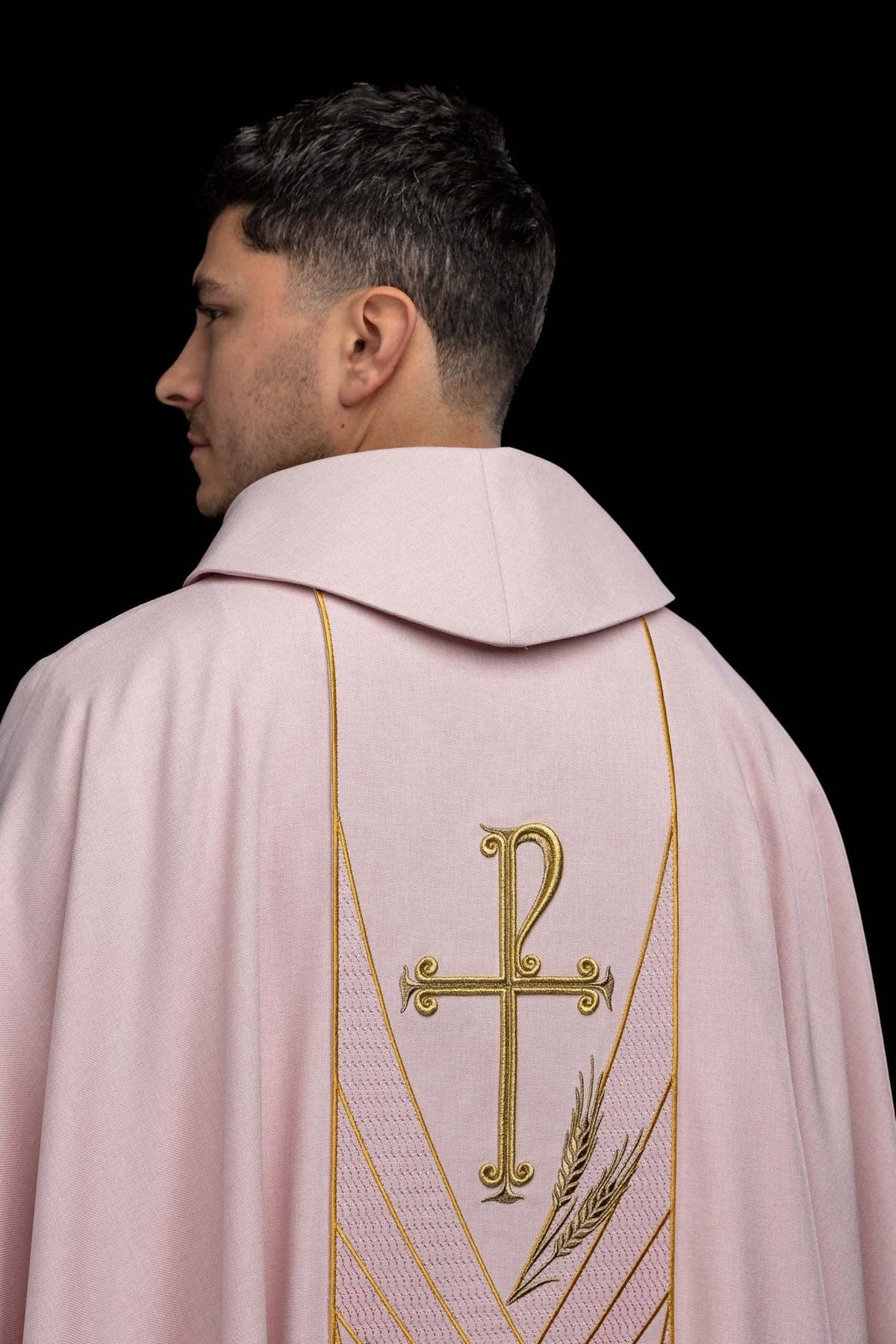 Rose chasuble back view with gold cross, wheat embroidery and orphrey