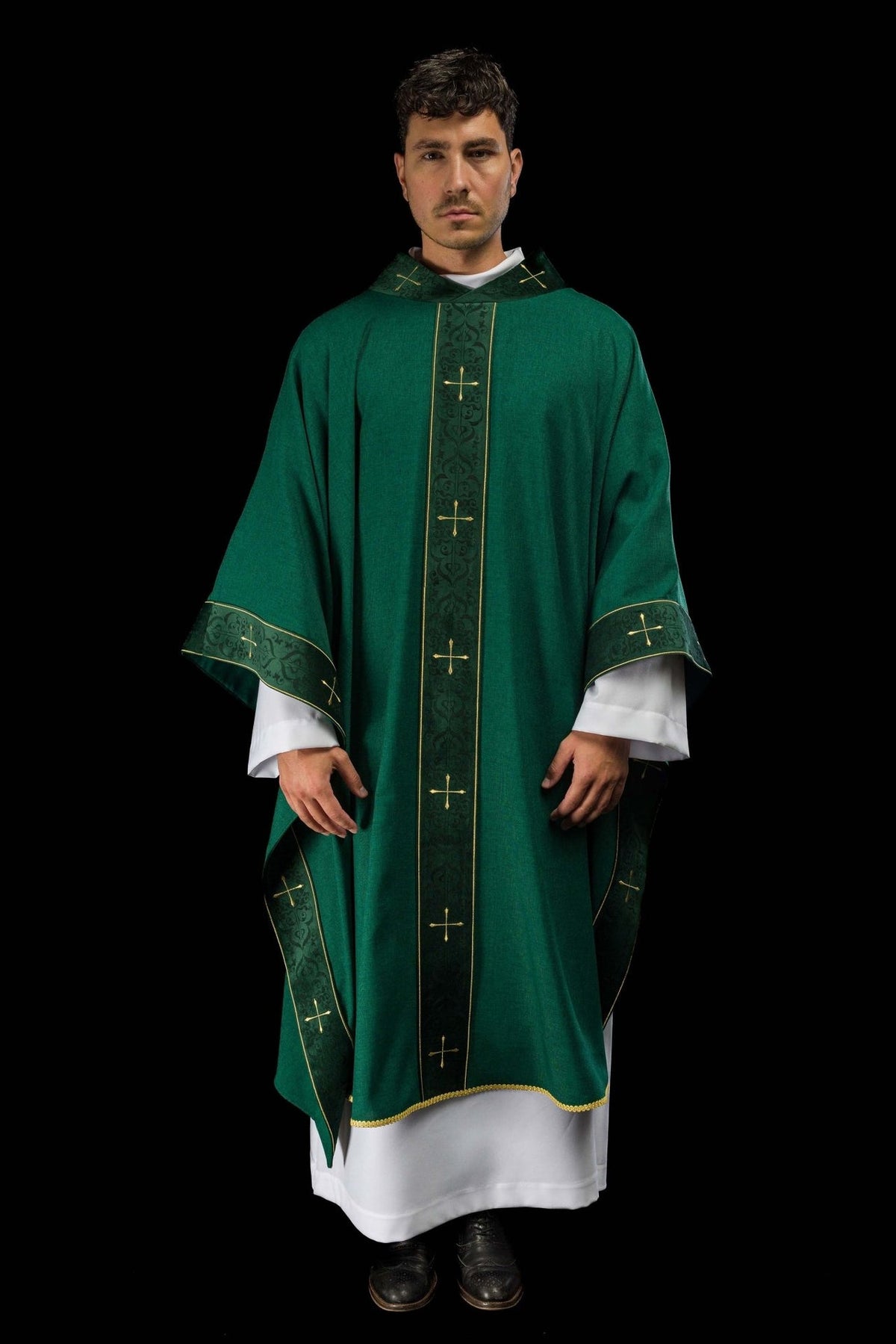 Green chasuble front view with gold cross embroidery and patterned orphrey