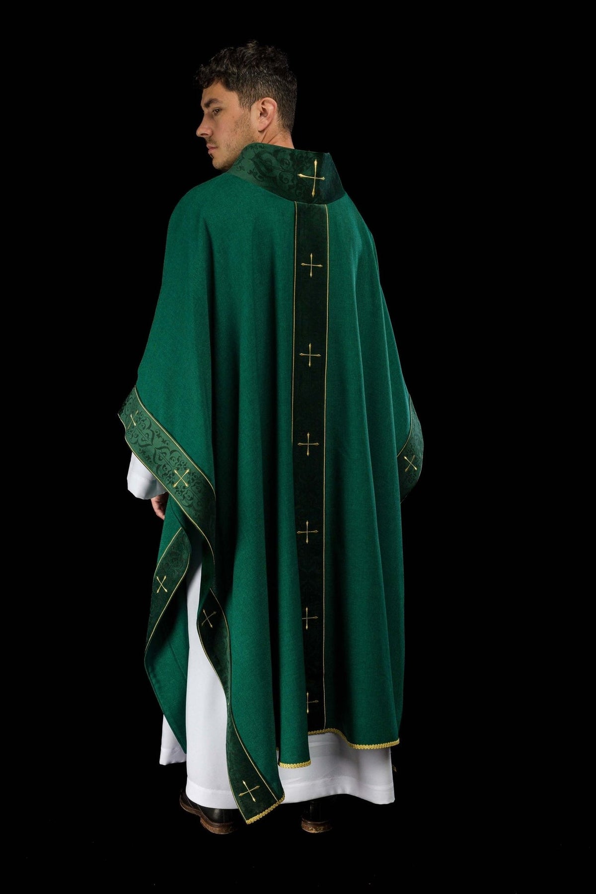 Green chasuble rear three-quarter view with gold cross embroidery