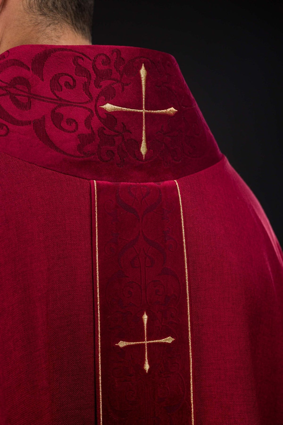 Red chasuble front collar and orphrey with gold cross embroidery