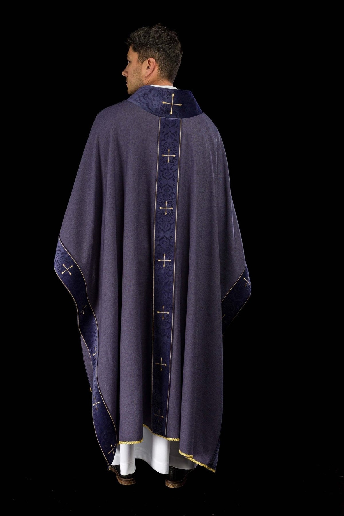 Purple chasuble back view with embroidered orphrey, collar and matching cuffs