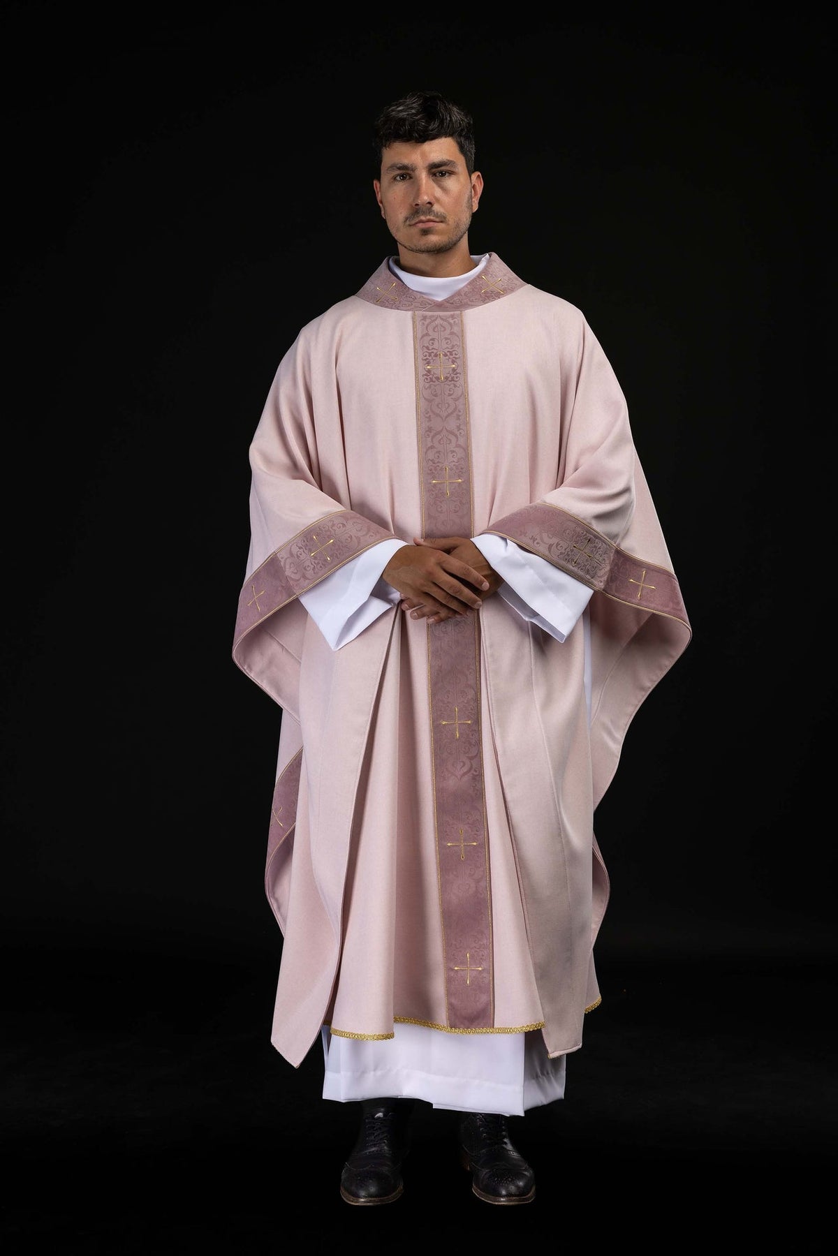 Rose chasuble, full front view showing wide sleeves and central orphrey