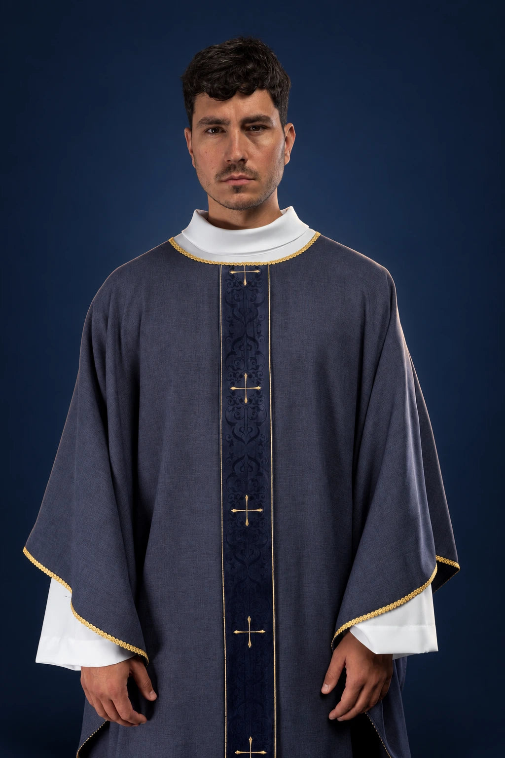 Purple Chasuble with Embroidered Orphrey Bearing Crosses, front view with gold trim