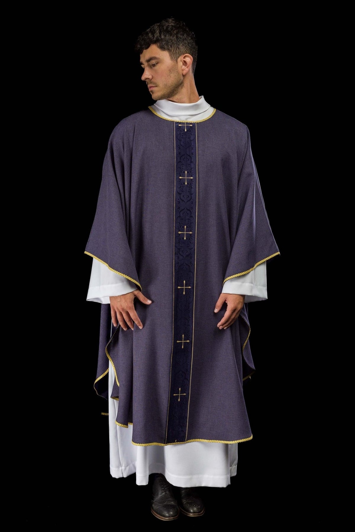 Purple chasuble angled front view with embroidered orphrey and gold trim
