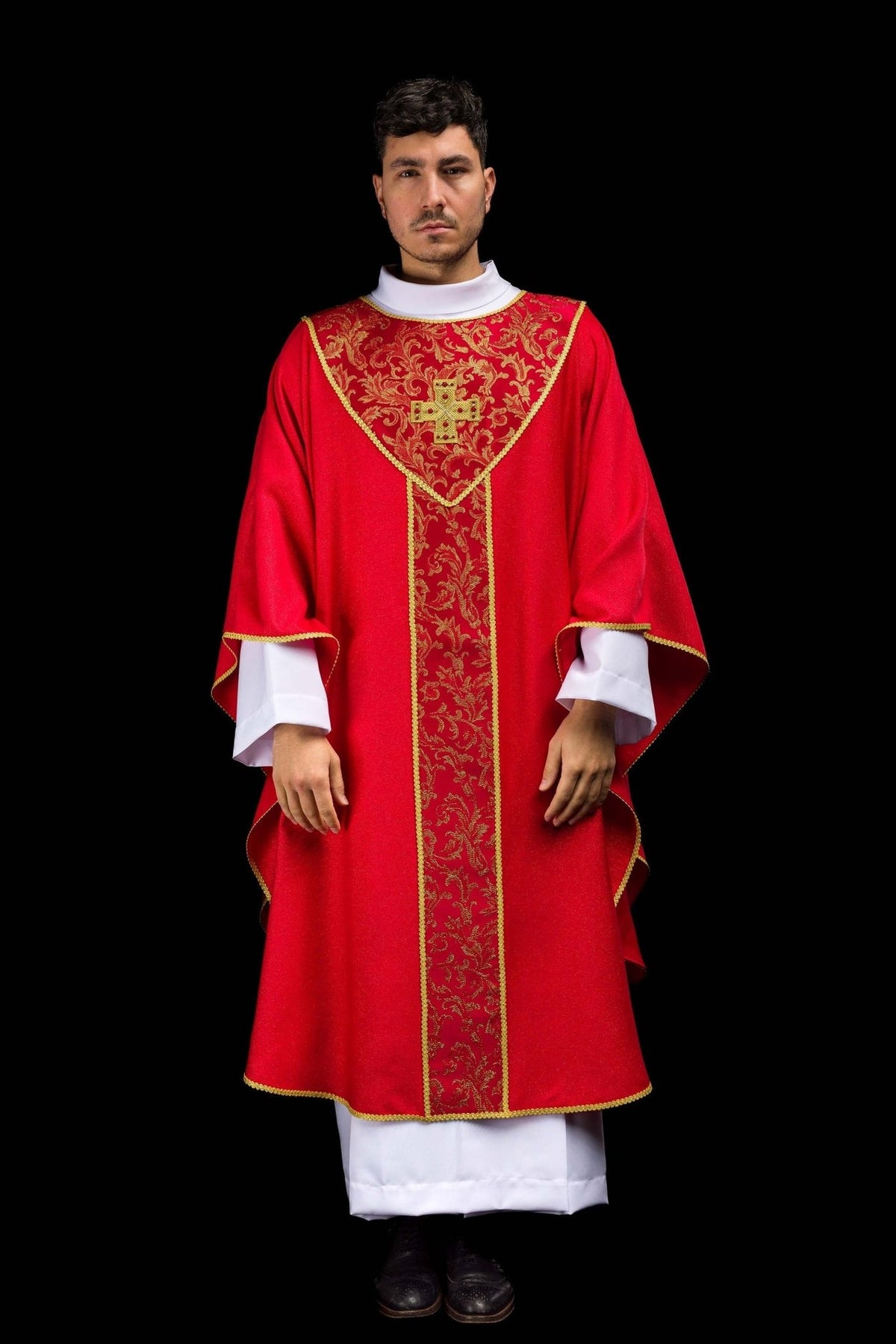 Red chasuble full back view with gold floral orphrey and trim