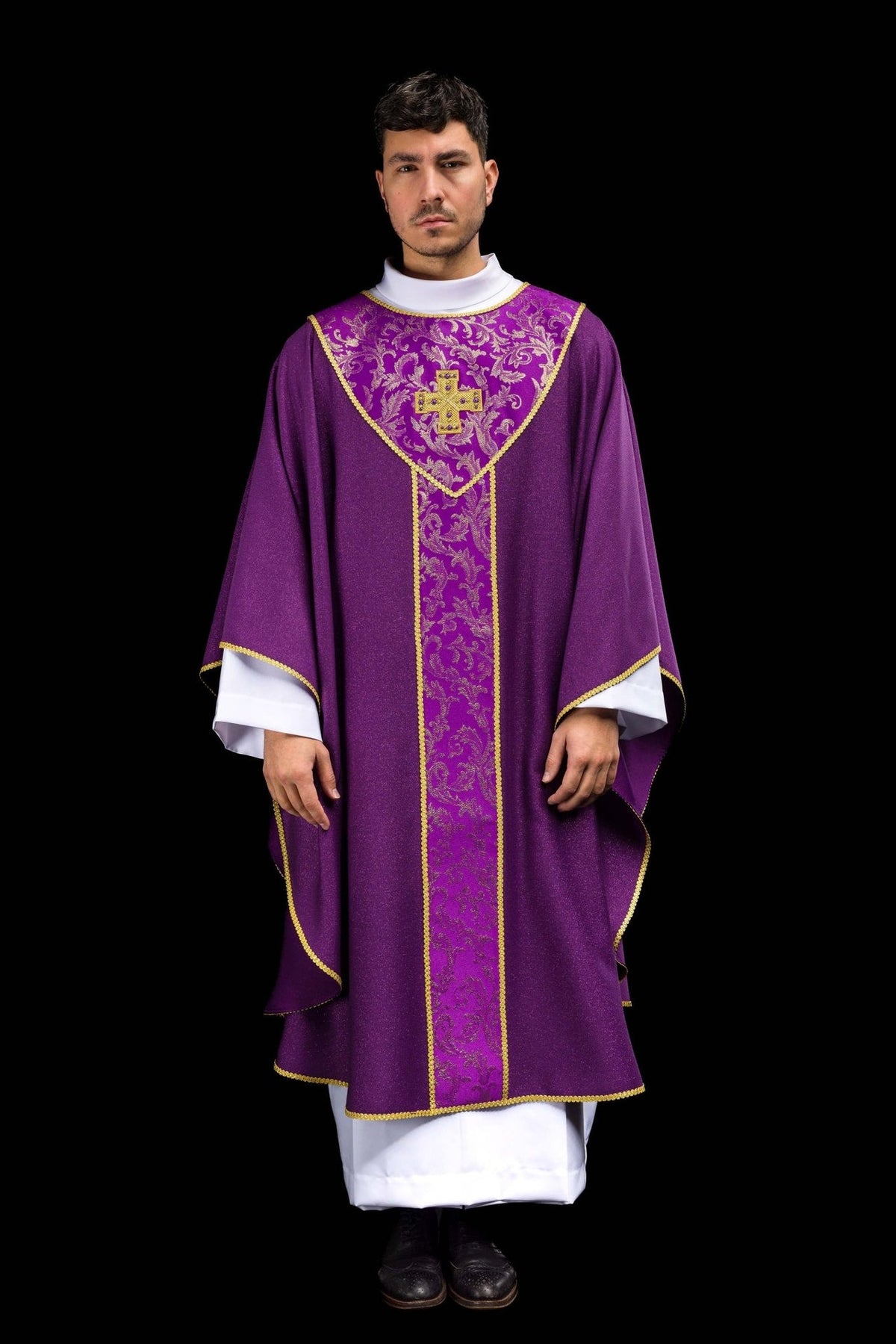Purple chasuble front view with gold cross and embroidered orphrey