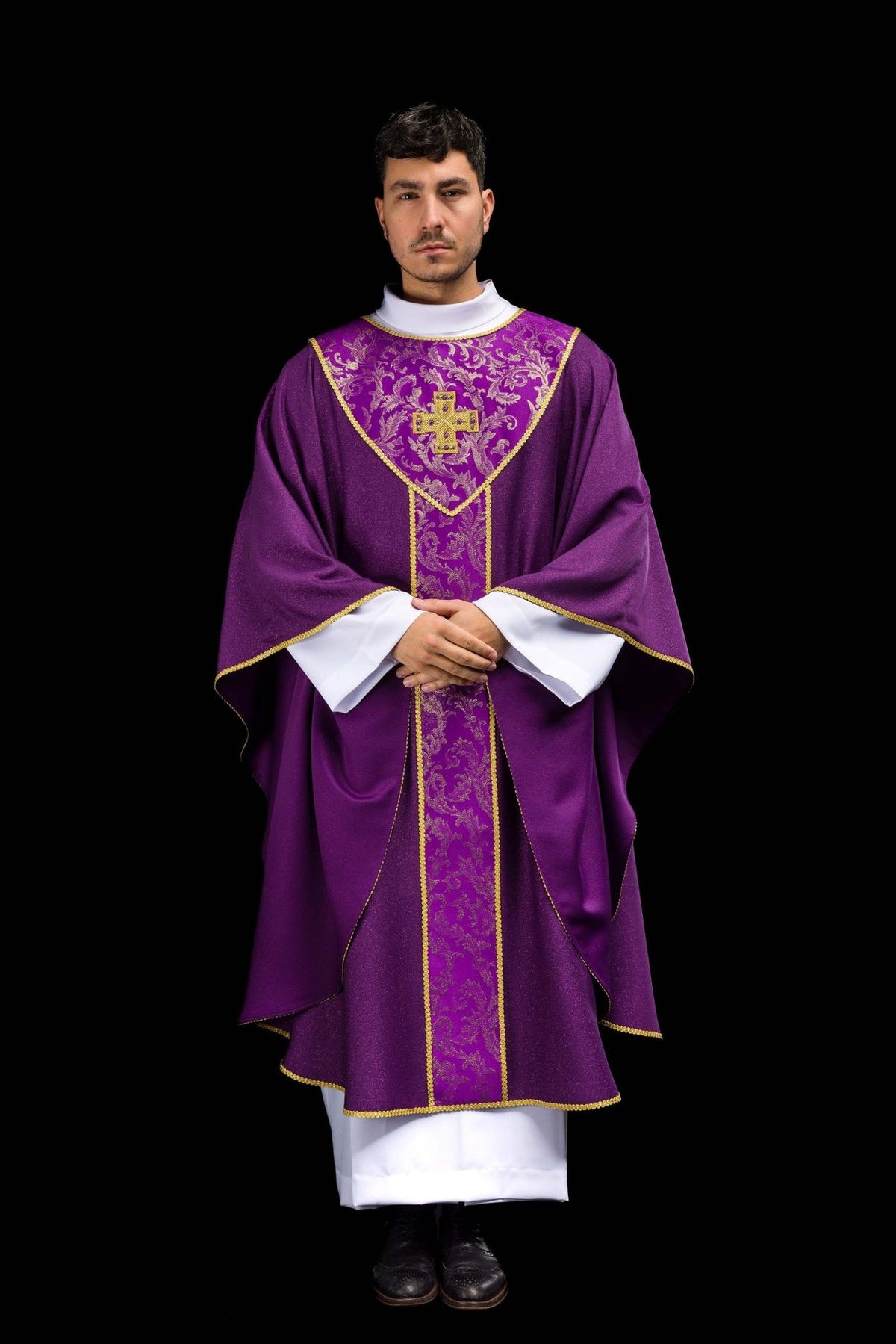 Purple chasuble, full front view with gold cross and embroidered orphrey