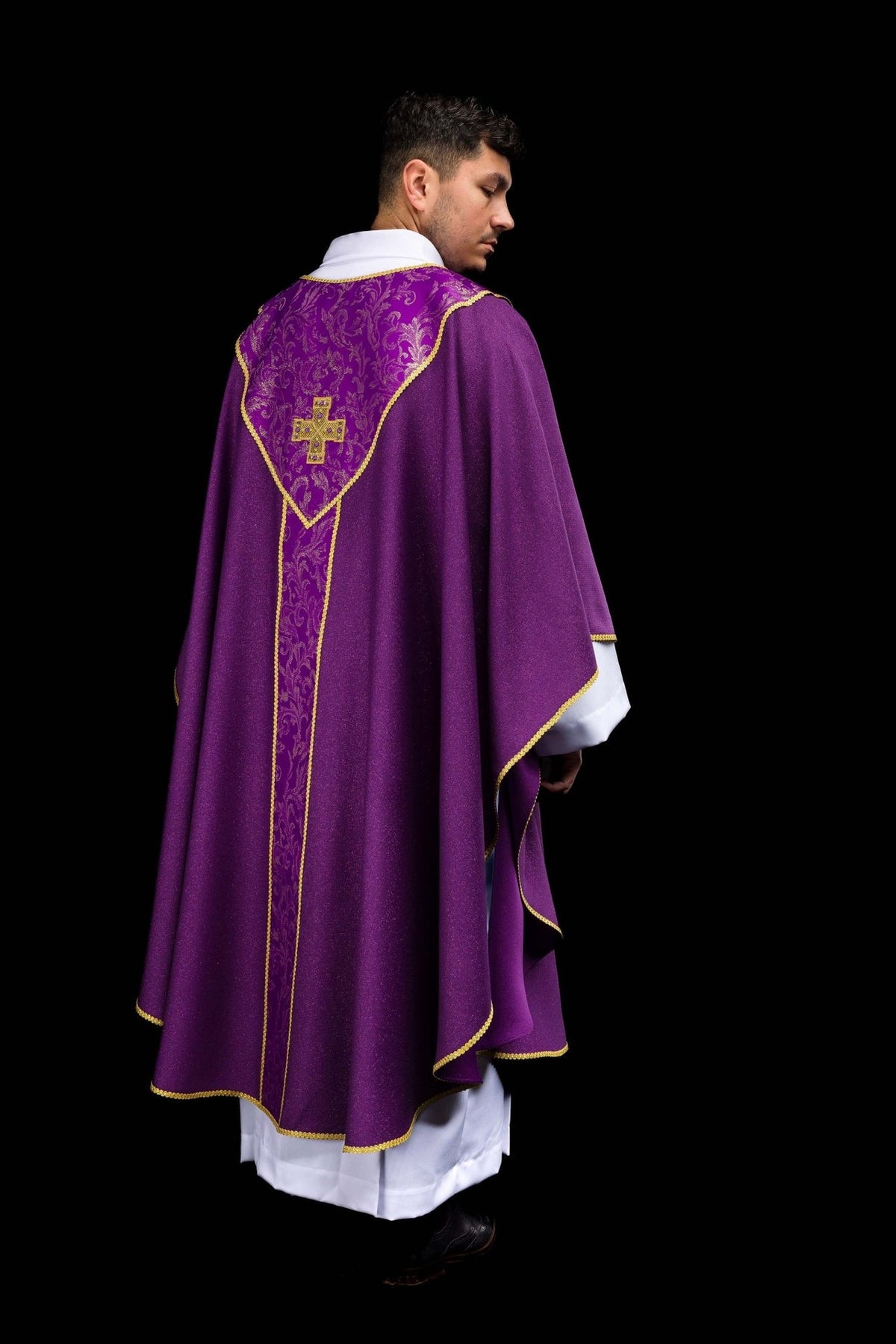 Purple chasuble rear view with embroidered orphrey and gold cross
