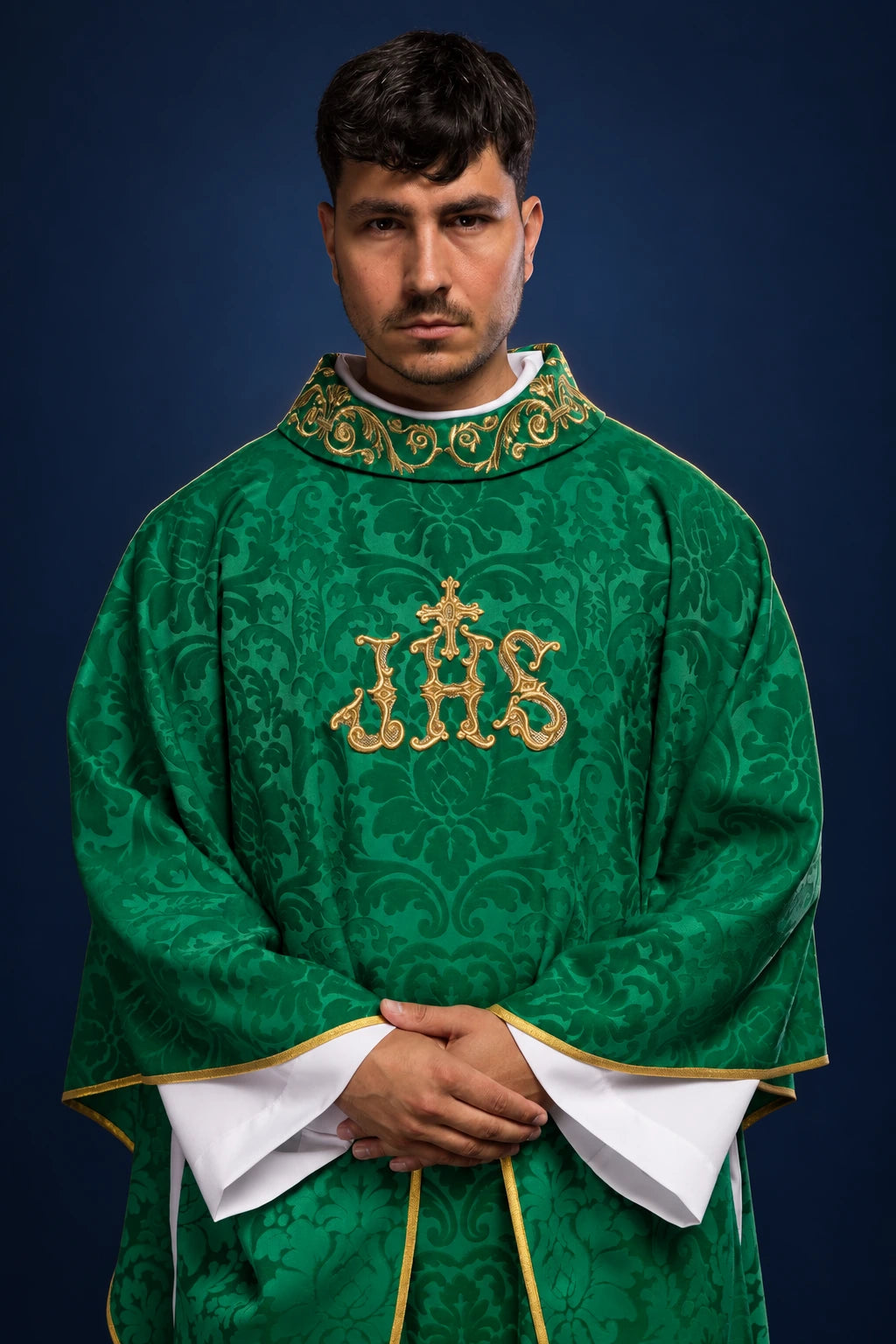 Green Chasuble with IHS Motif and Richly Embroidered Collar, front view with gold embroidery