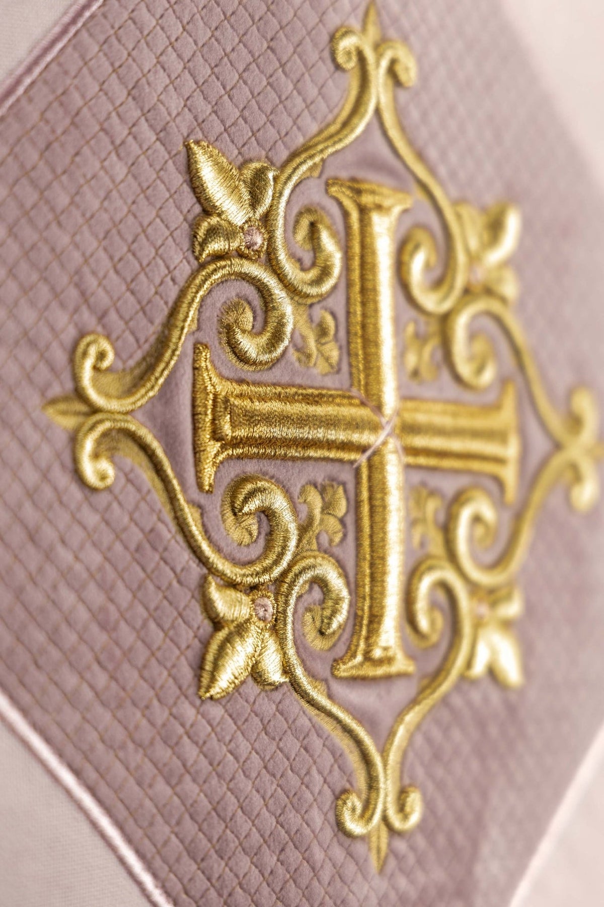 Rose church lectern cover detail of gold cross embroidery