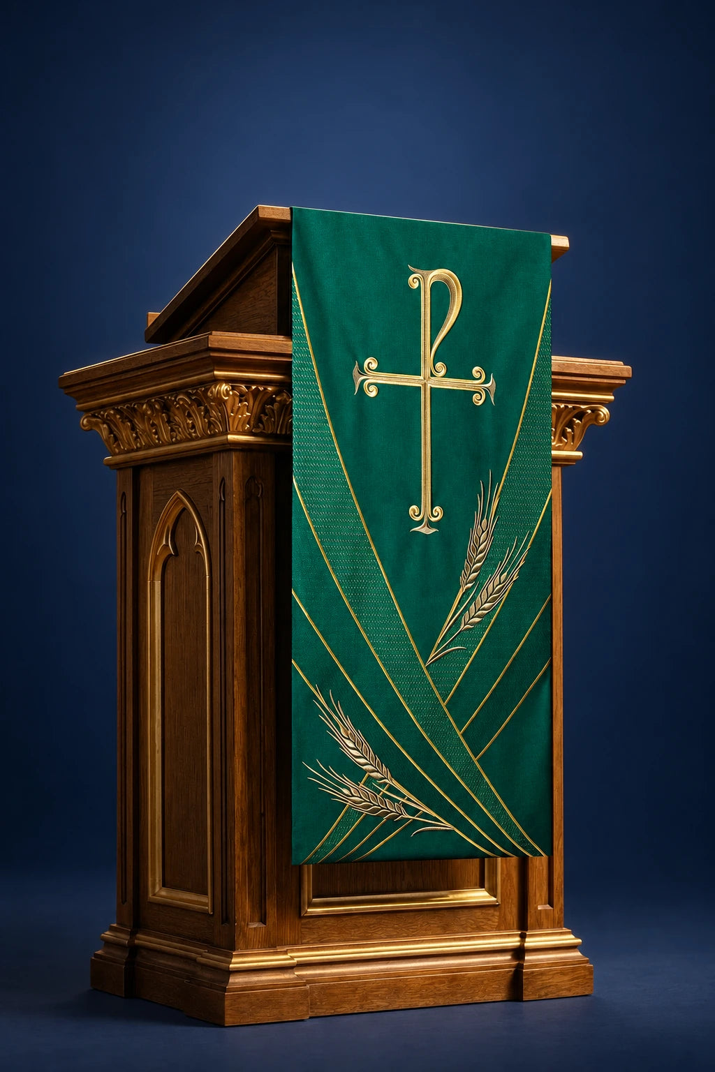 Green Church Lectern Cover with PAX Embroidery, front view with gold cross and wheat embroidery