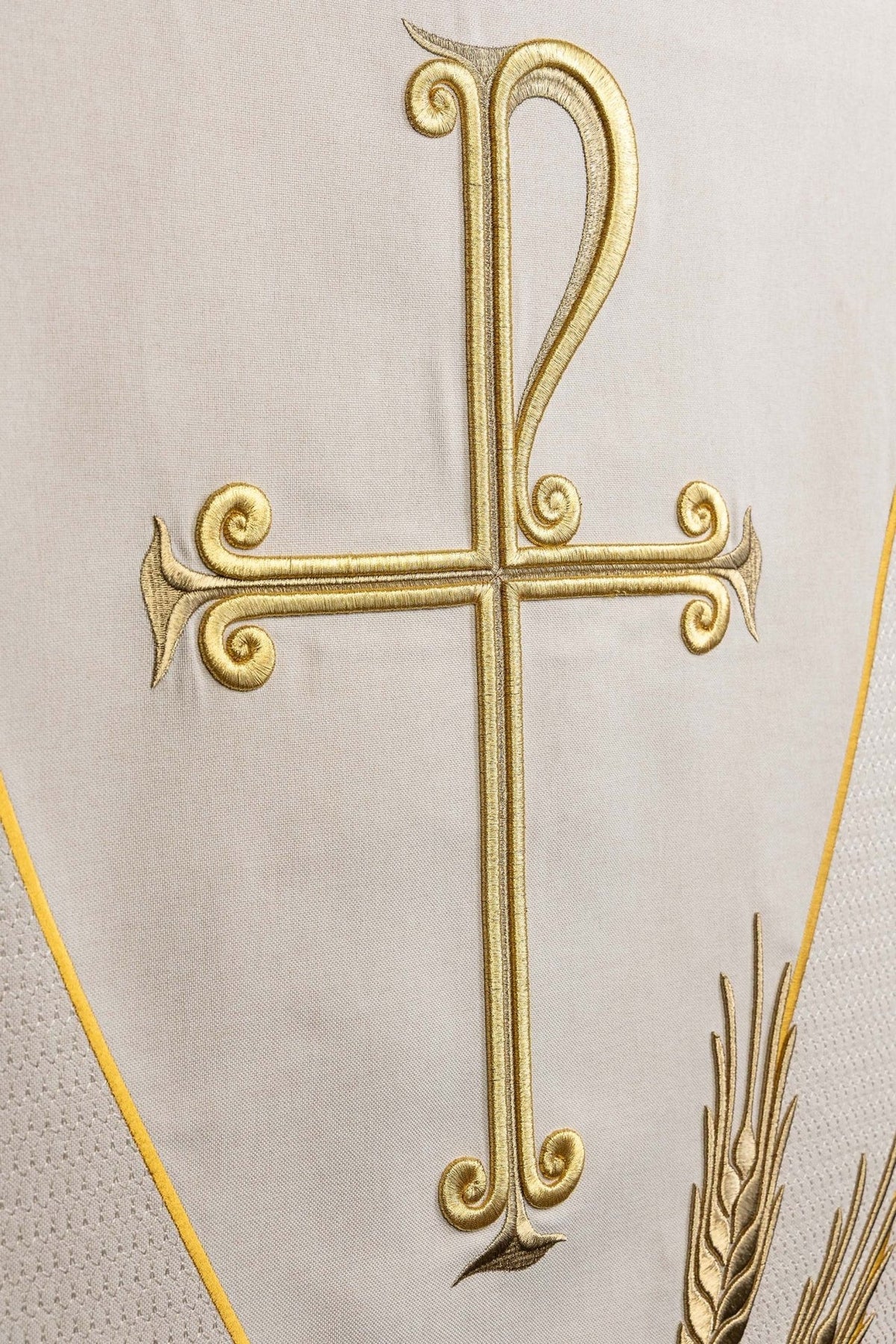 Church lectern cover close-up of PAX cross embroidery and wheat motif