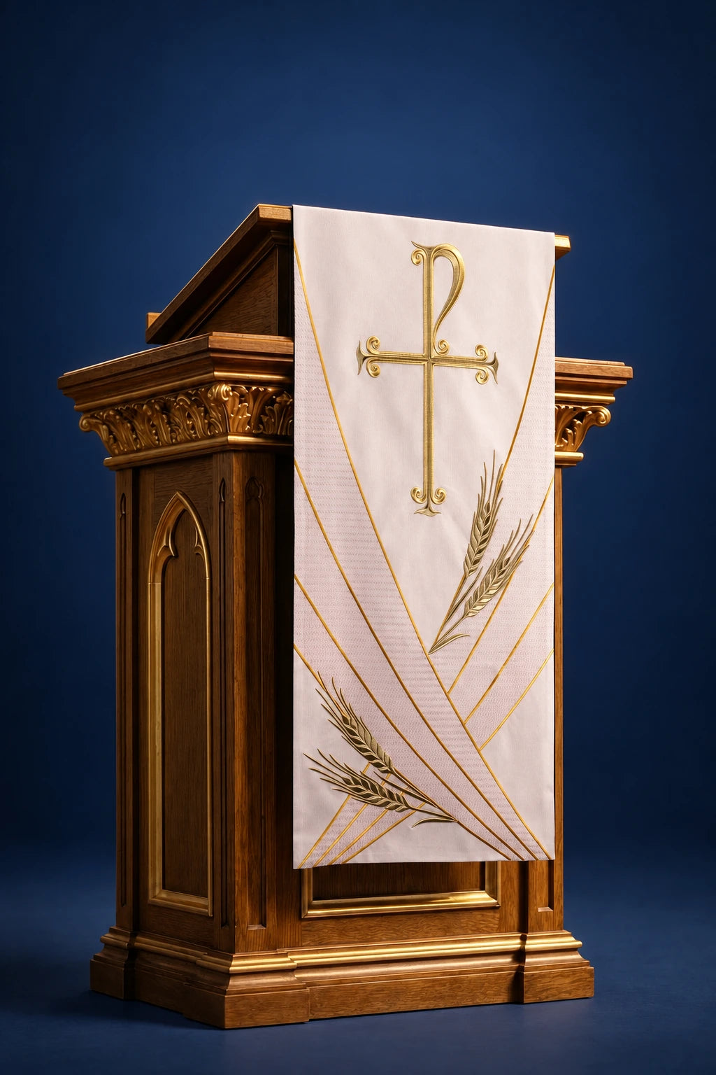 Church Lectern Cover with PAX Embroidery, front view in white with gold cross, wheat and lines