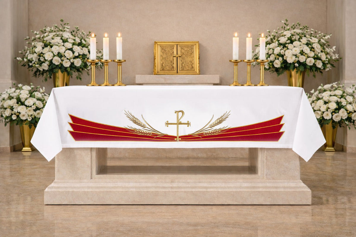White altar cloth front view with red bands, gold PAX cross and wheat embroidery