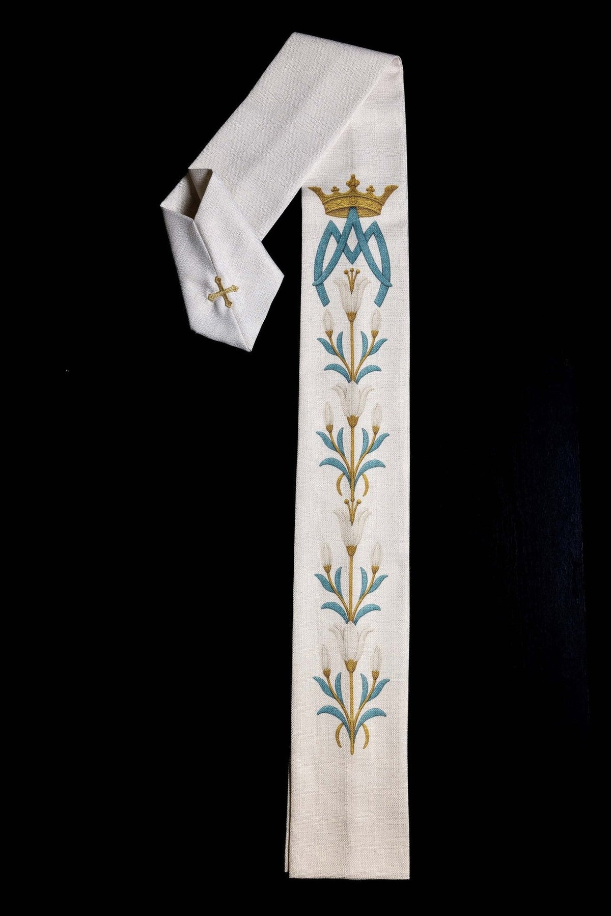 Ornat Maryjny drukowany ze wzorem lilii i monogramem ecru