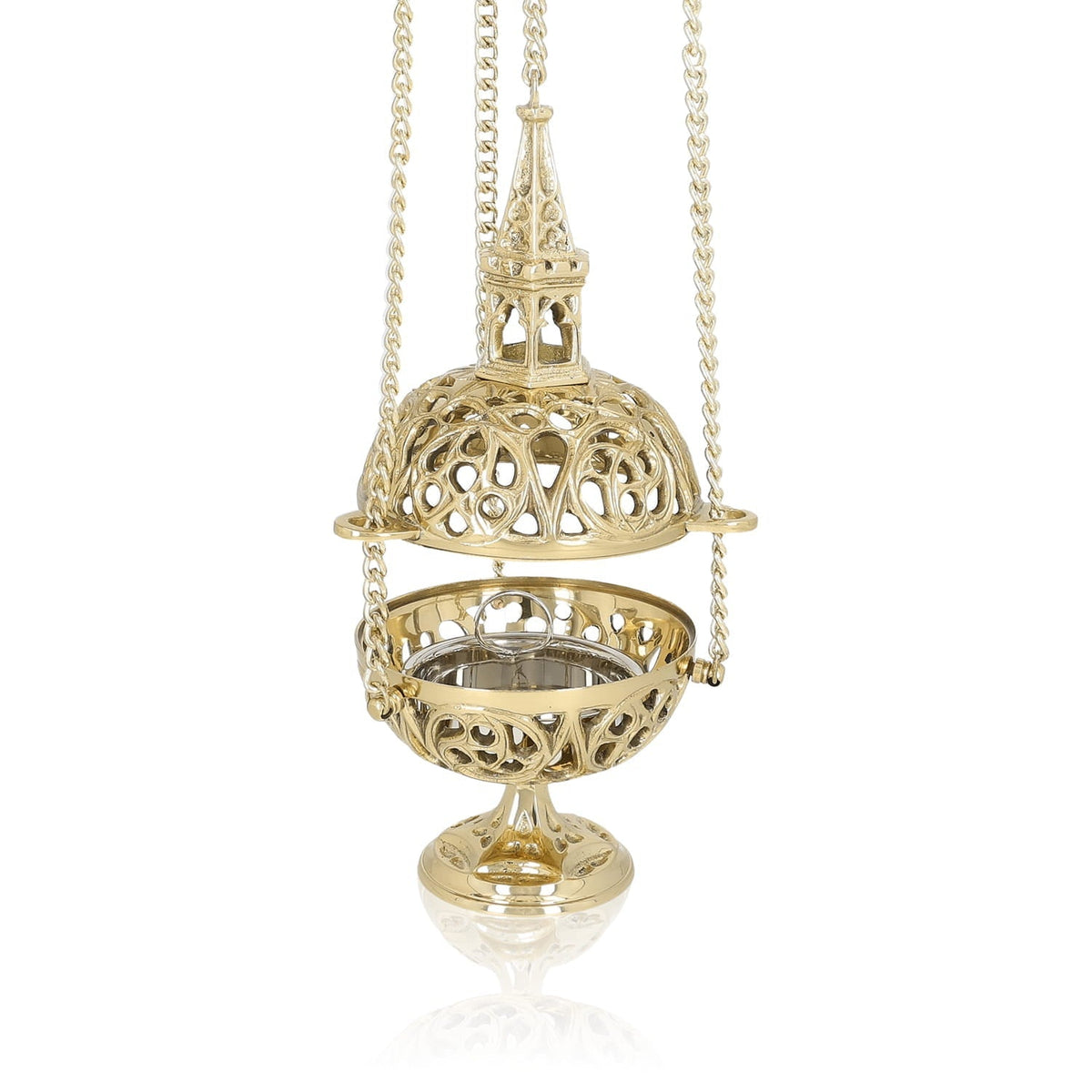 Brass thurible with openwork design shown open, revealing the inner bowl