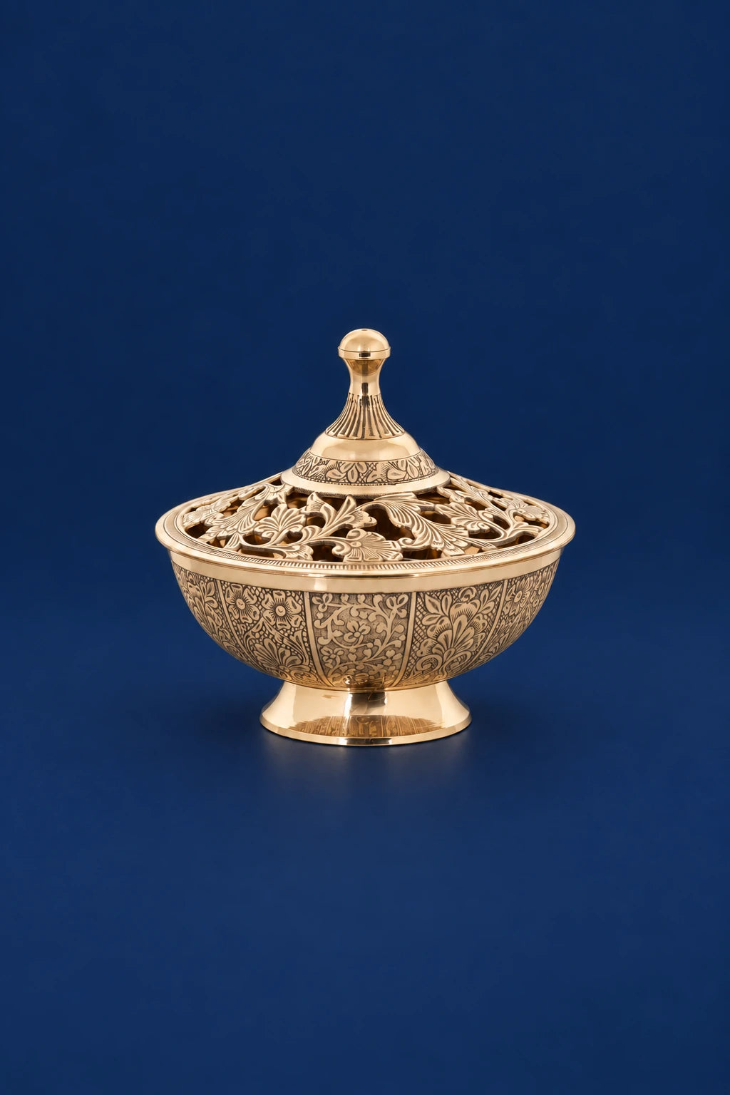 Brass Censer with Gold Finish, 6.5 in (16.5 cm), front view with ornate floral openwork and engraved bowl