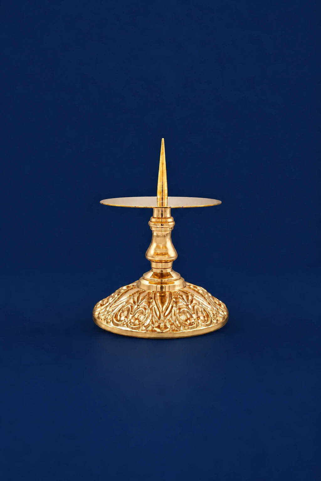 Brass Candlestick, 3.5 in (9 cm), front view with ornate floral base and wide drip tray