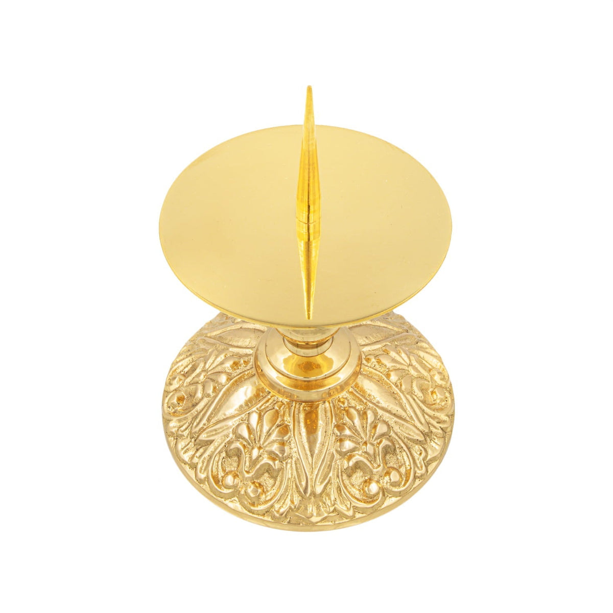 Brass candlestick, top view showing round drip tray and ornate embossed base